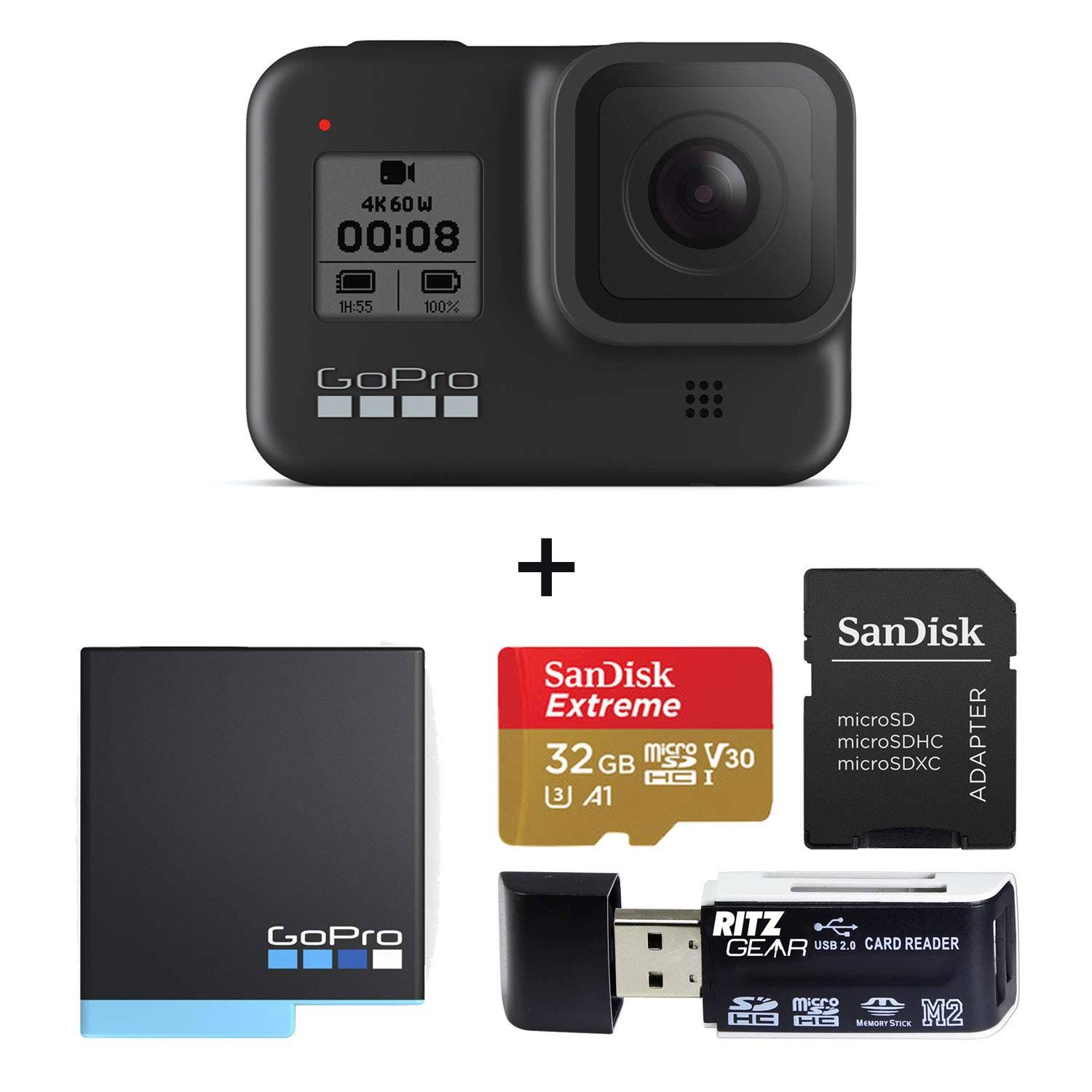 GoPro HERO8 Black Action Camera with Accessory Bundle - SanDisk 32GB U3 Video Memory Card, GoPro Hero 8 Spare Battery and Ritz G
