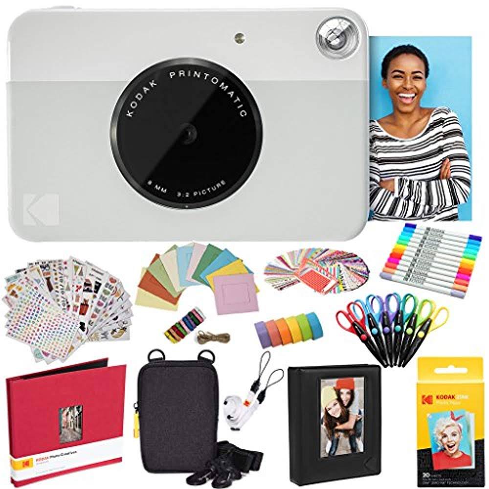 Kodak Printomatic Instant Camera (Grey) Zink Paper (20 Sheets) + Case + Photo Album + 7 Sticker Sets + Markers + Scissors