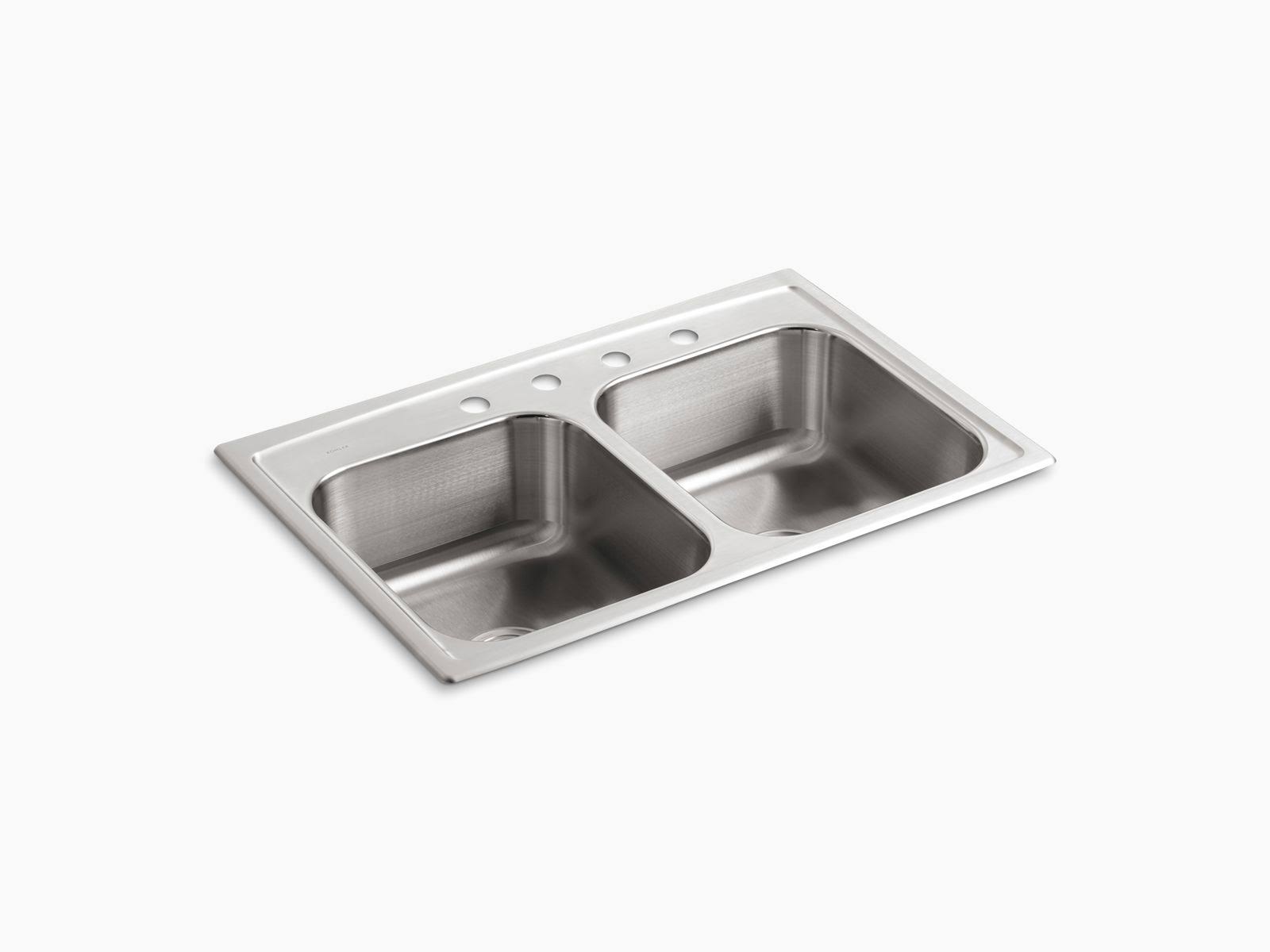 Kohler K-3346-4-NA Toccata 33x22 x 22x22 x 8-3/16x22 Top-Mount double-equal Bowl Kitchen Sink with 4 Faucet Holes