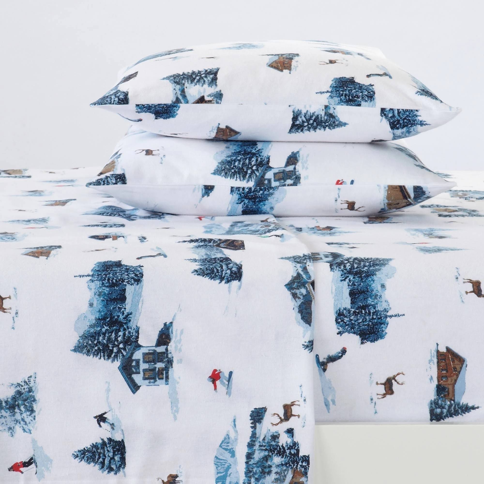 Great Bay Home 100% Cotton Flannel Lodge Printed Sheet Set Full Snow Lodge