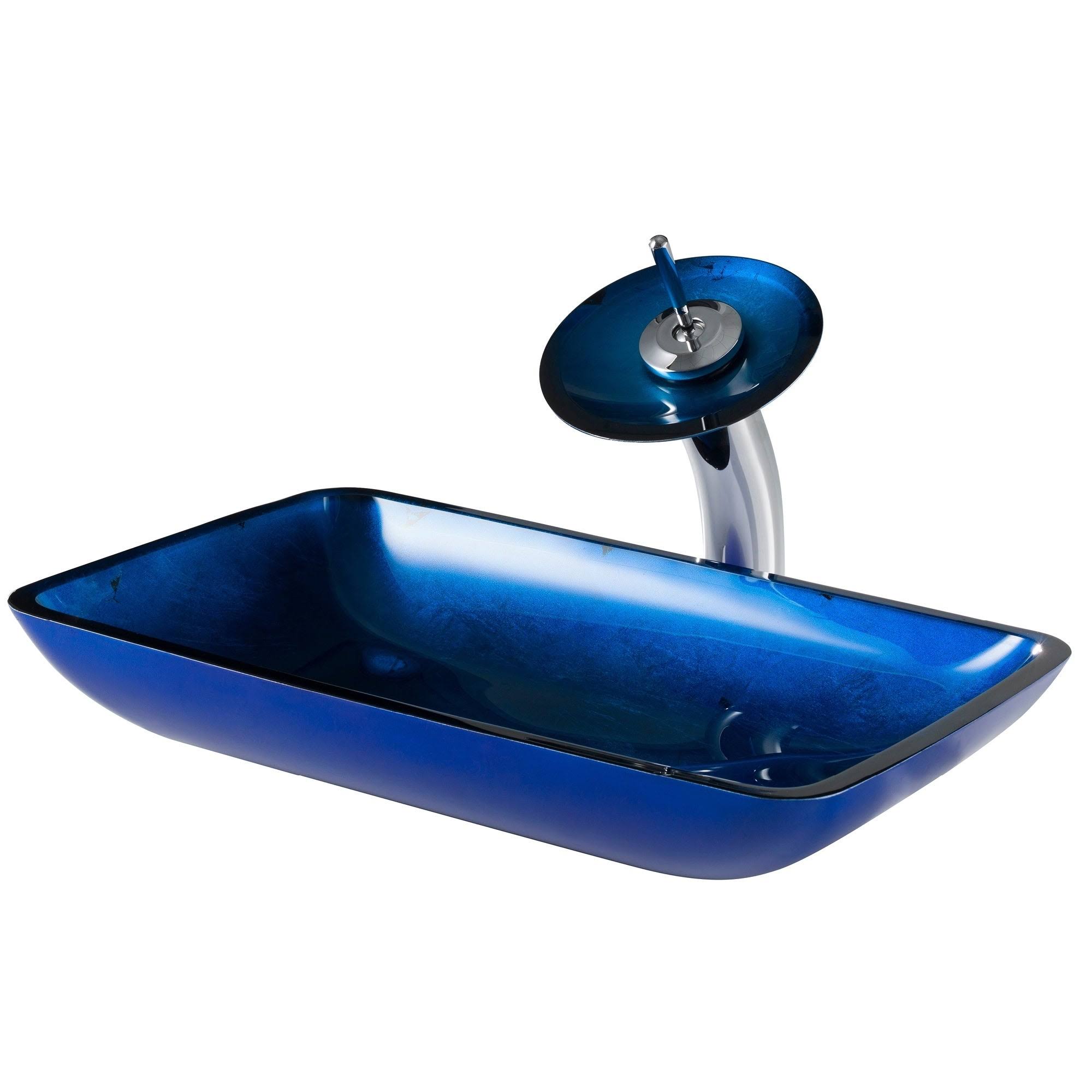 Kraus C-GVR-204-RE-10CH Irruption Blue Rectangular Glass Vessel Sink and Waterfall Faucet Chrome