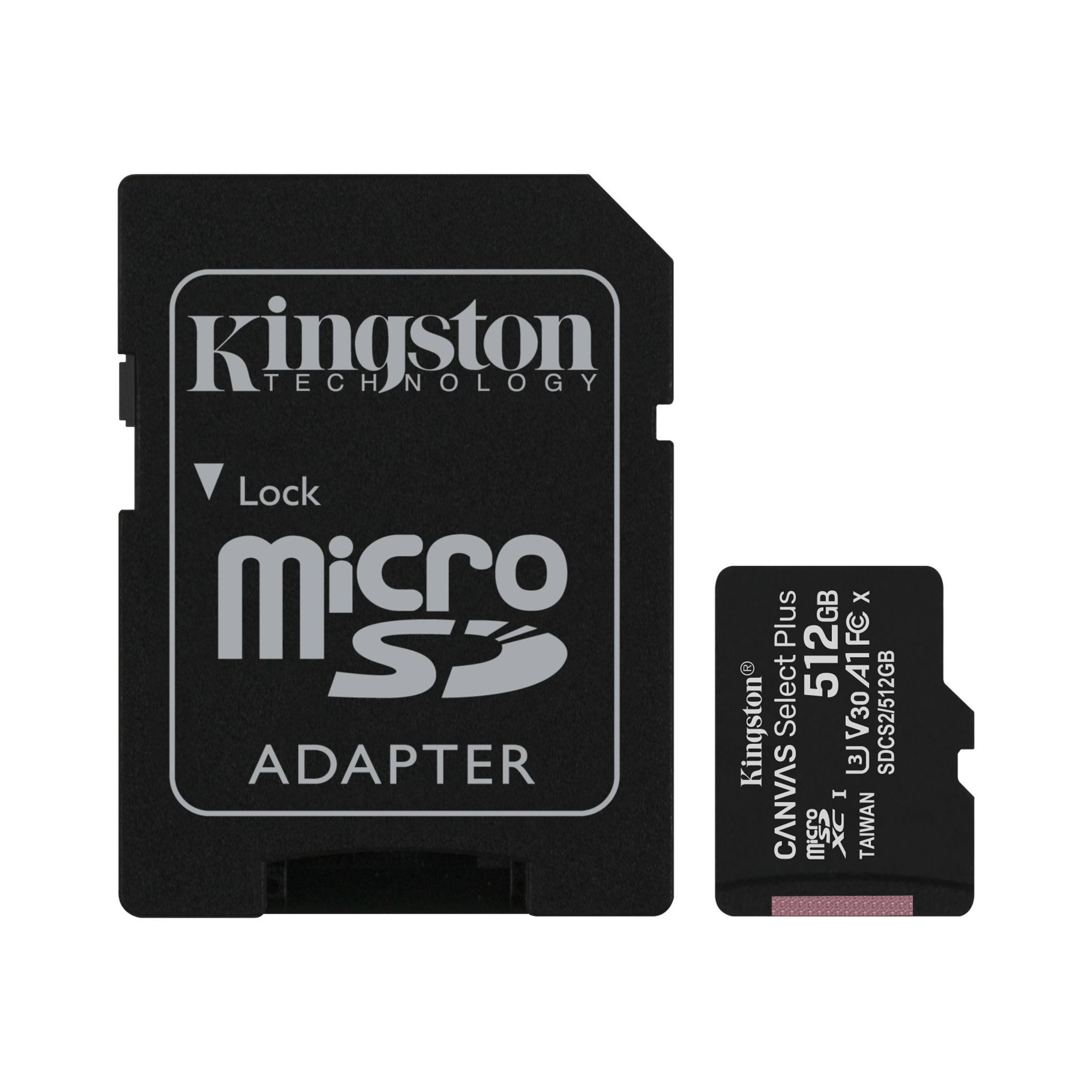 Kingston Canvas Select Plus MicroSDXC 512 GB, 512 GB Memory Card with MicroSDXC to SD Adapter - A1/Video Class V30/UHS-3