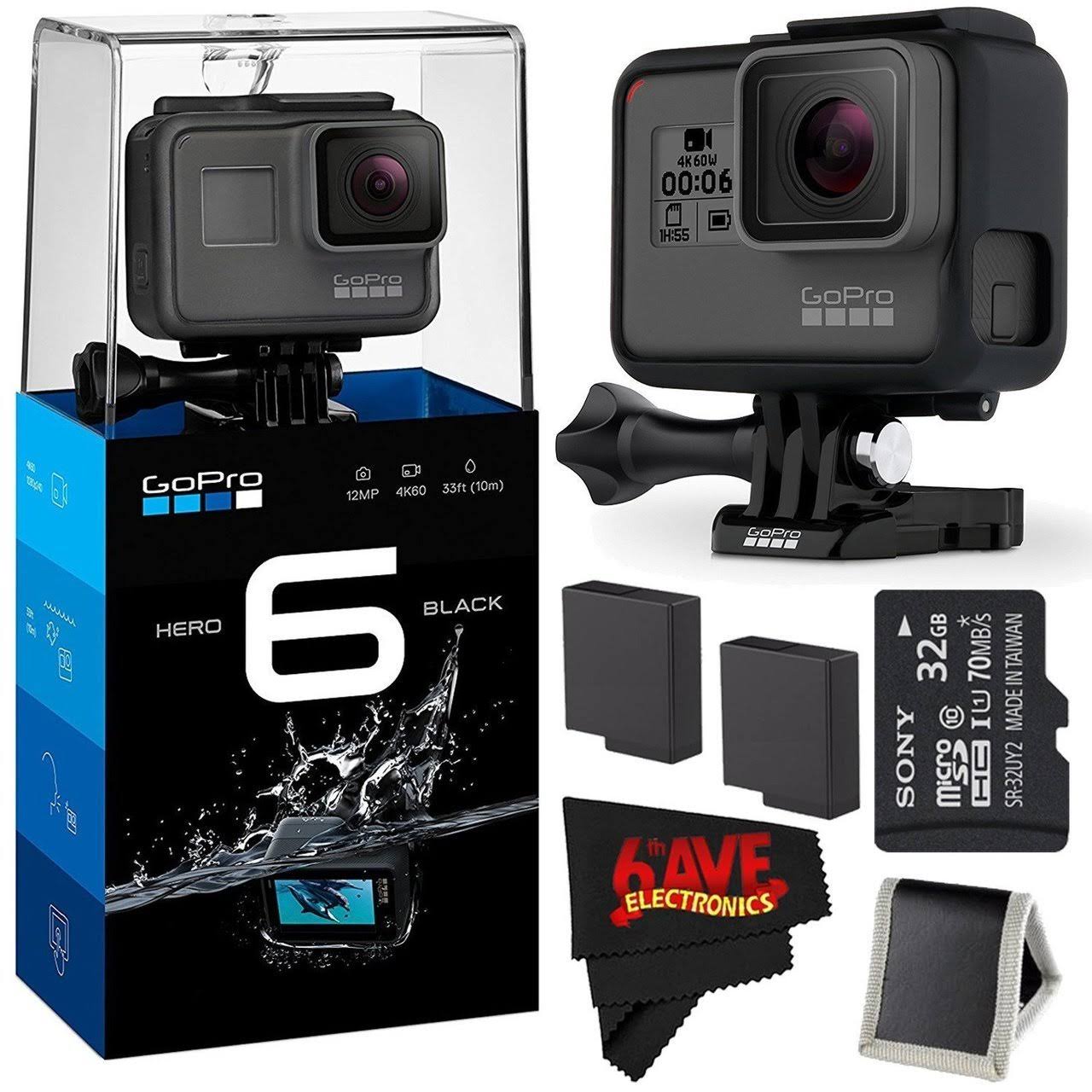 GoPro Hero6 Black + 32GB Class 10 Micro SDHC Memory Card + (2) Rechargeable Batteries Accessory Combo