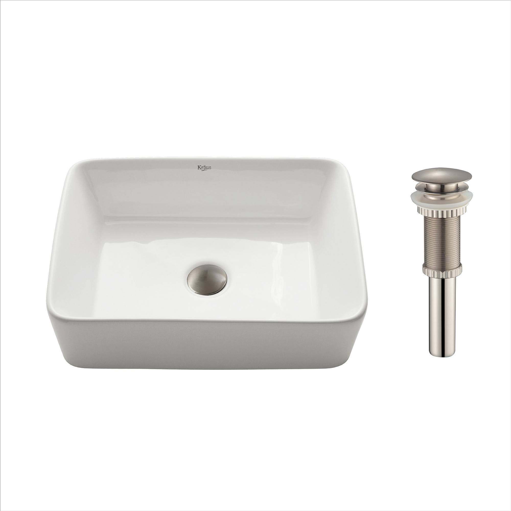 Kraus KCV-121-SN Rectangular Ceramic Vessel Bathroom Sink with Pop-Up Drain White - Satin Nickel