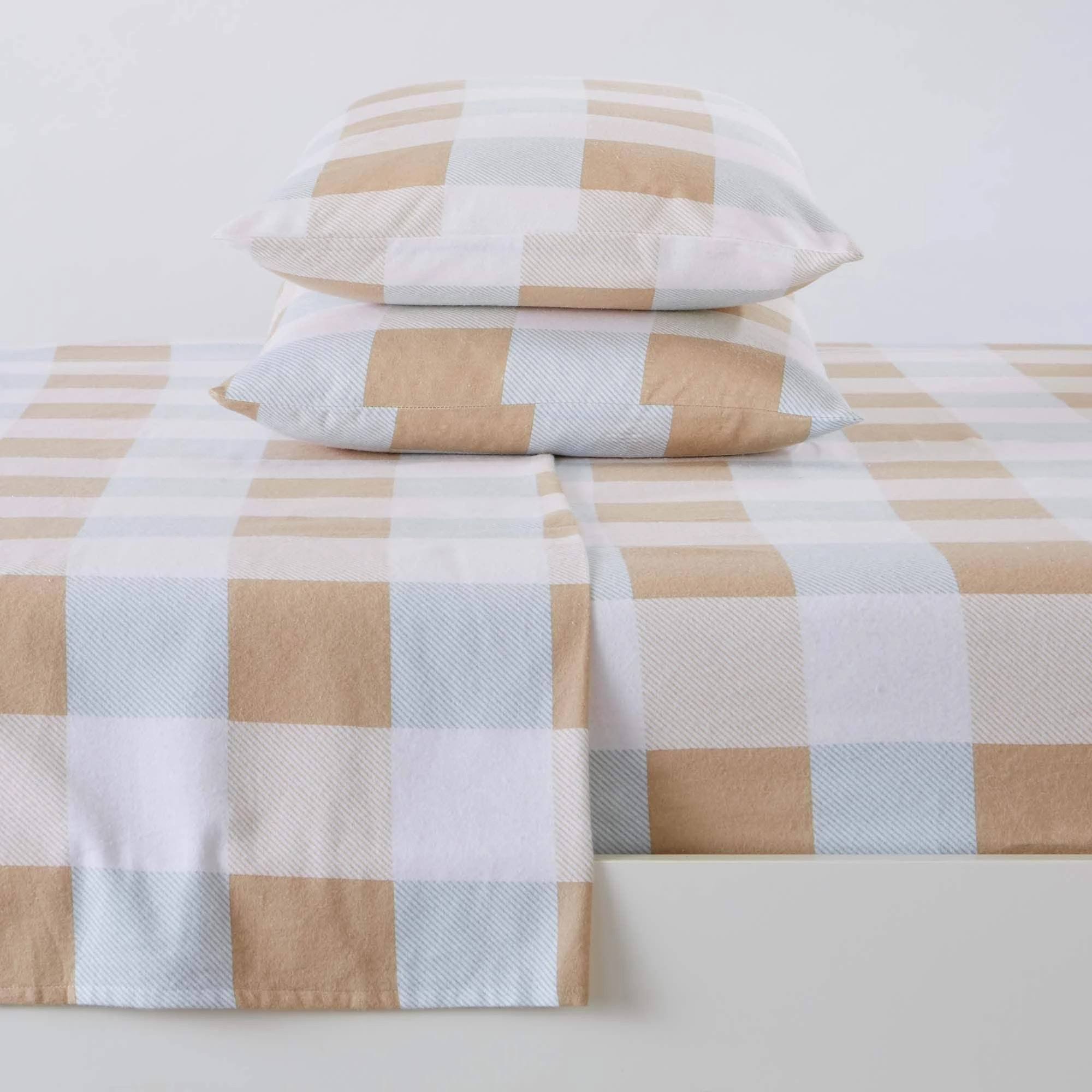 Great Bay Home Extra Soft Cotton Flannel Printed Bed Sheet Set - King - Buffalo Check - Taupe / Blue