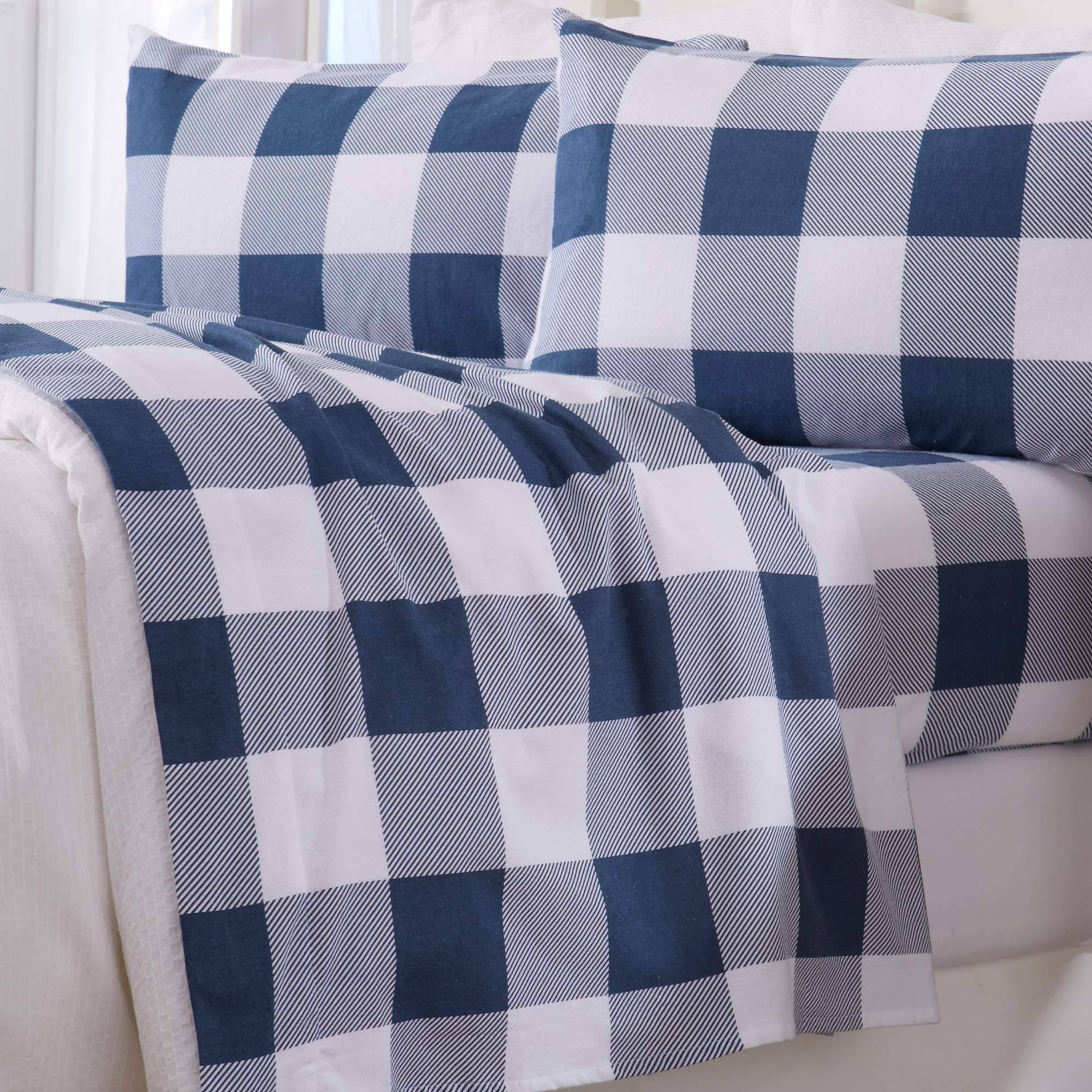 Great Bay Home 100% Cotton Flannel Buffalo Check Sheet Set Queen Navy