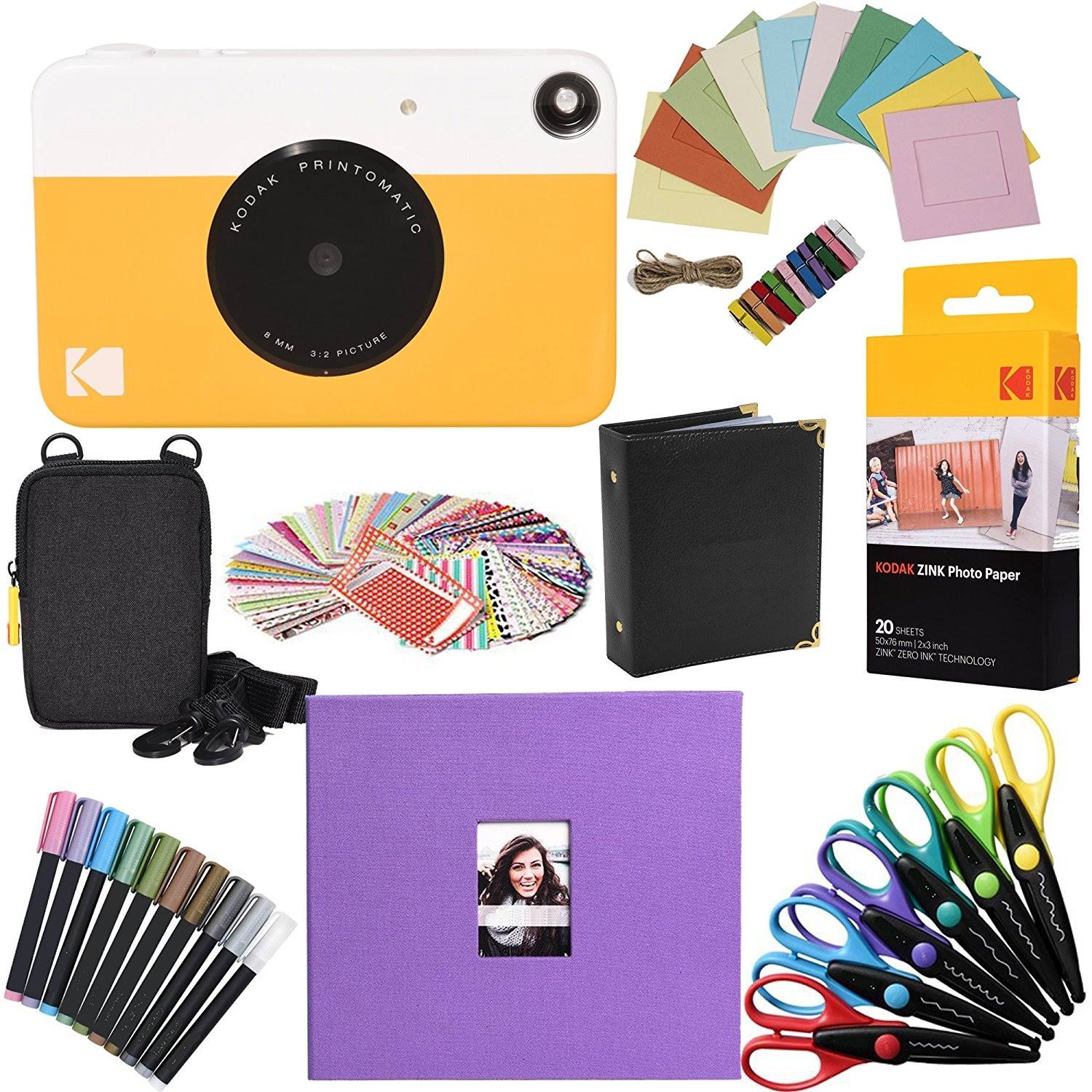 Kodak Printomatic Instant Camera (Yellow) Gift Bundle + Zink Paper (20 Sheets) + 8x8 Cloth Scrapbook + Case + 6 Edged Scissors +