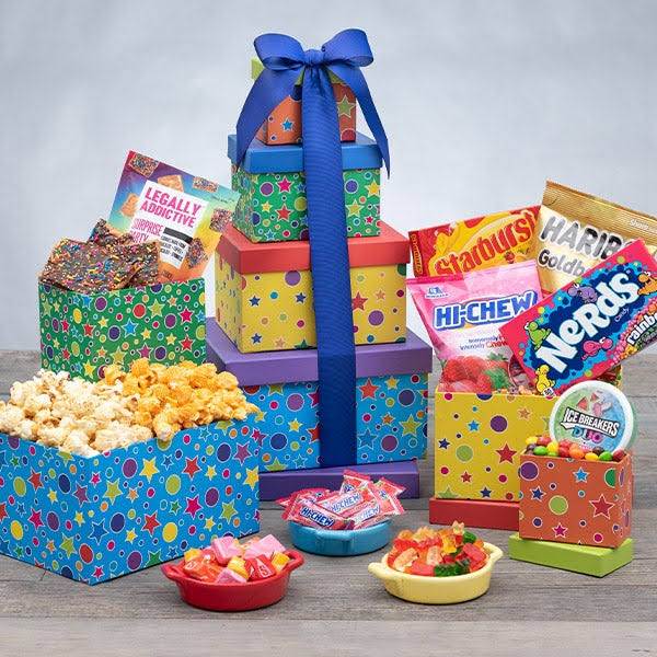 Happy Birthday Gift Tower by Gourmet Gift Baskets - Birthday Gift Baskets - Gift Baskets Delivered - Gift Baskets