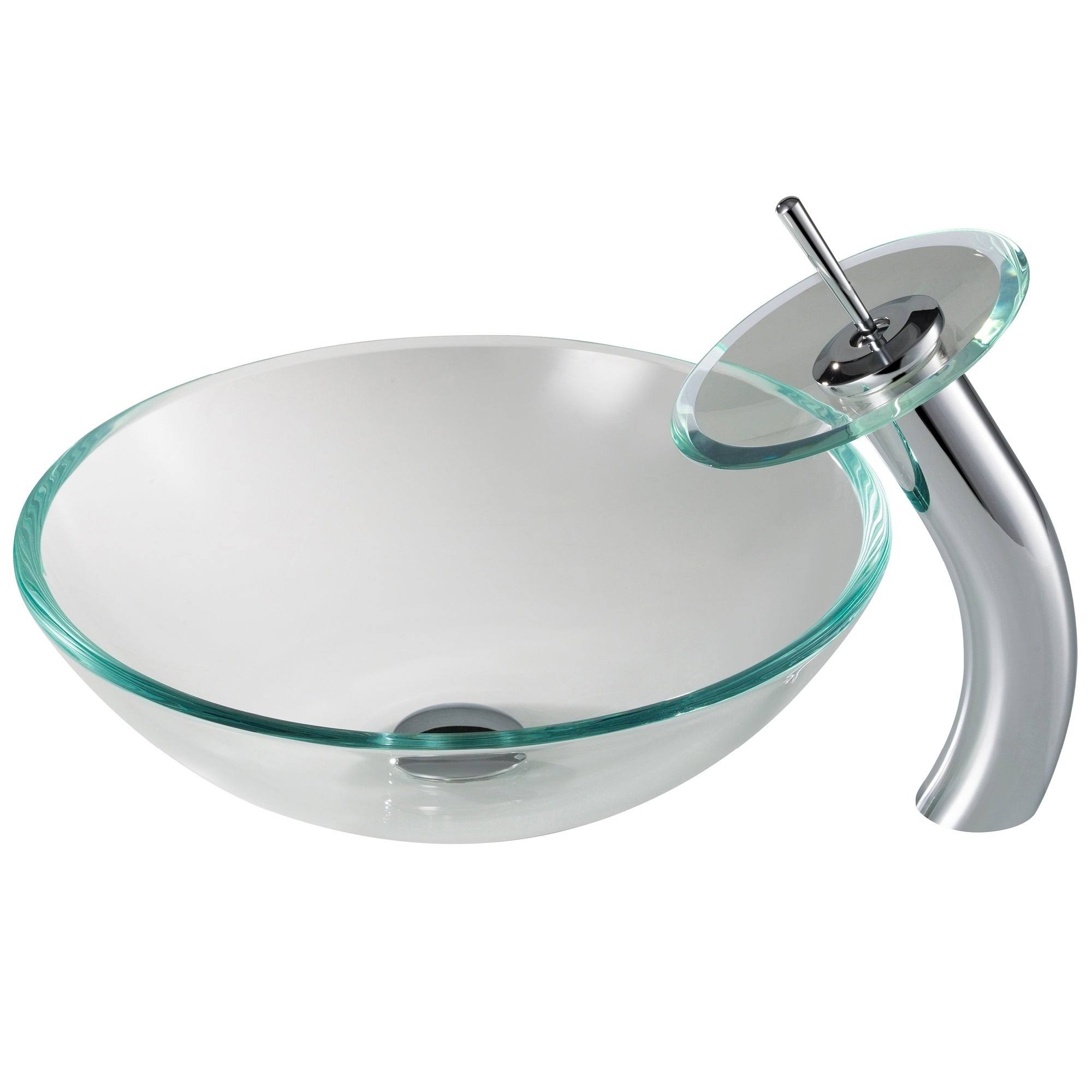 Kraus C-GV-100-12mm-10SN Crystal Clear Glass Vessel Sink and Waterfall Faucet Satin Nickel