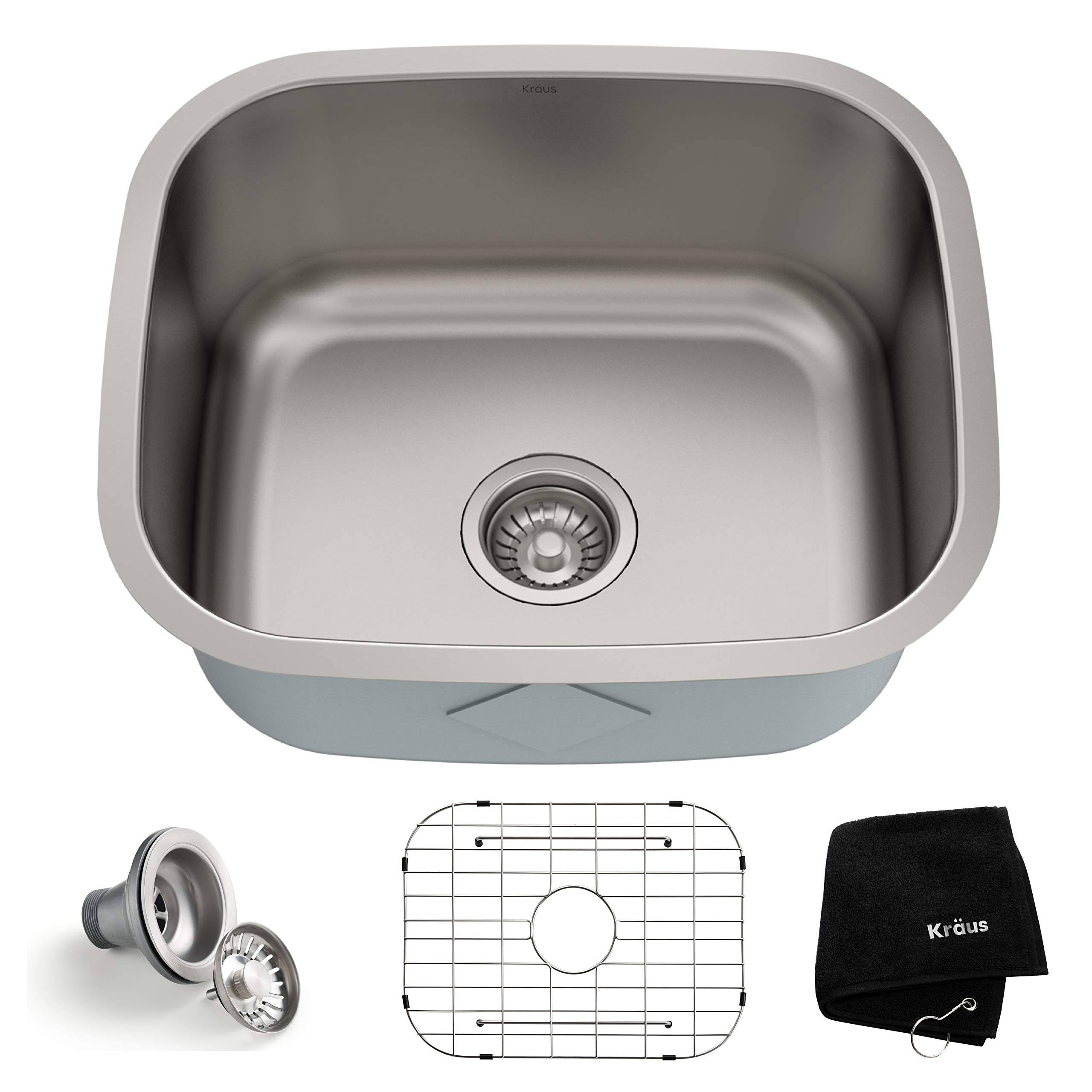 Kraus Undermount Single Bowl 16-Gauge Kitchen Sink with NoiseDefend, Stainless Steel, 20-3/4x22