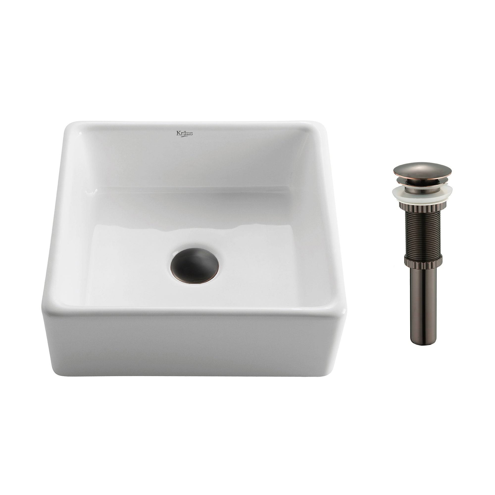 Kraus KCV-120-ORB Square Ceramic Vessel Bathroom Sink with Pop-Up Drain White - Oil Rubbed Bronze