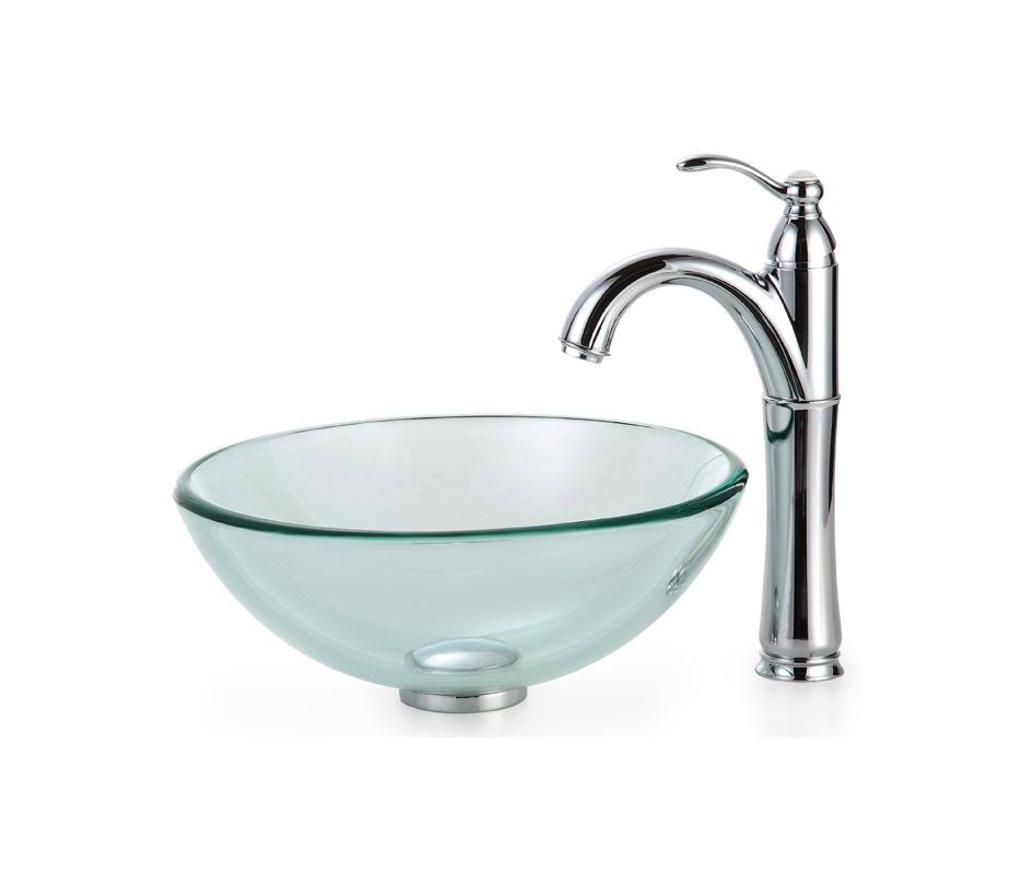 Kraus C-GV-101-14-12mm-1005CH Clear 14x22 Glass Vessel Sink and Riviera Faucet Chrome