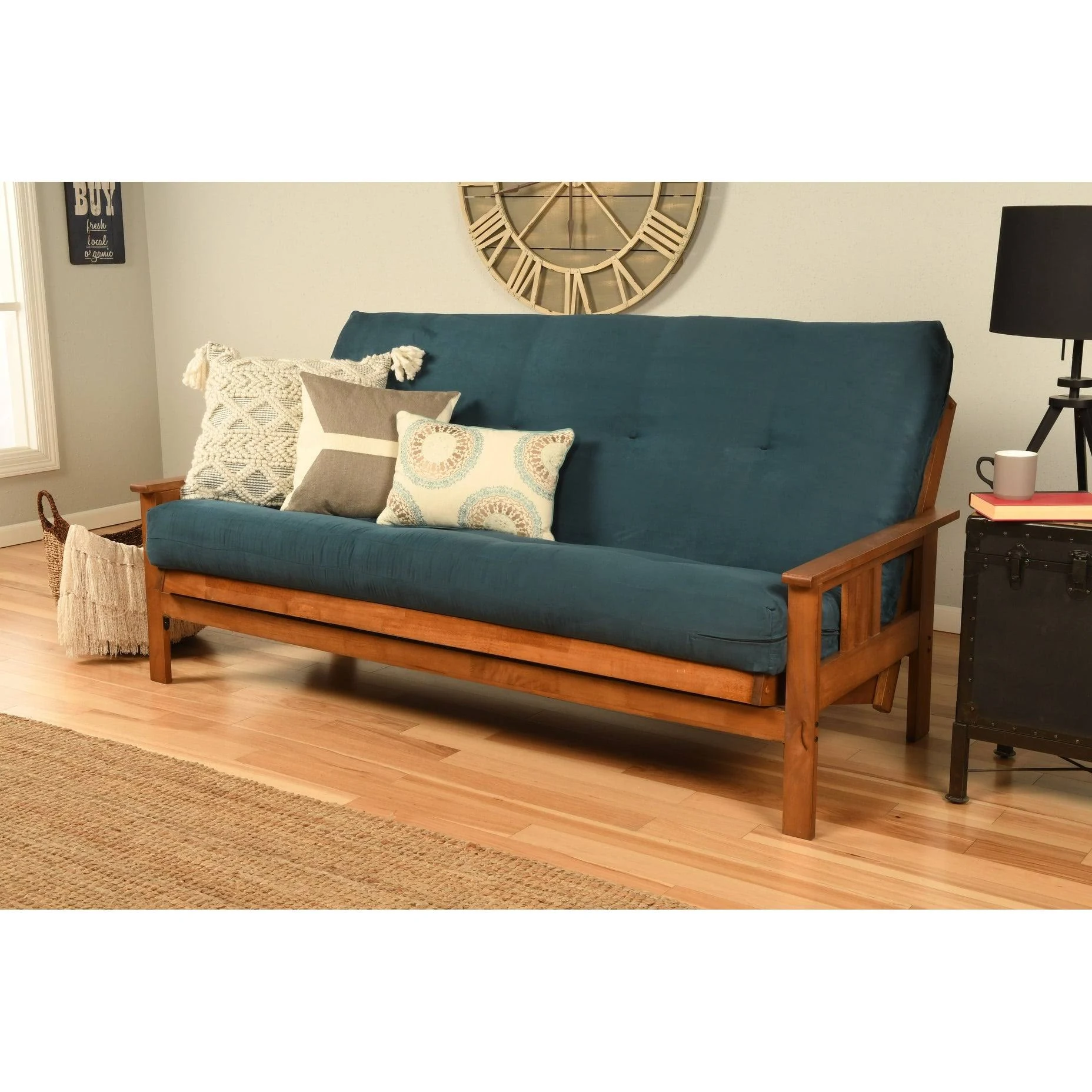 Porch u0026 Den Kern Full-Size Futon Frame and Mattress Set Suede Navy Wood, Fabric Solid