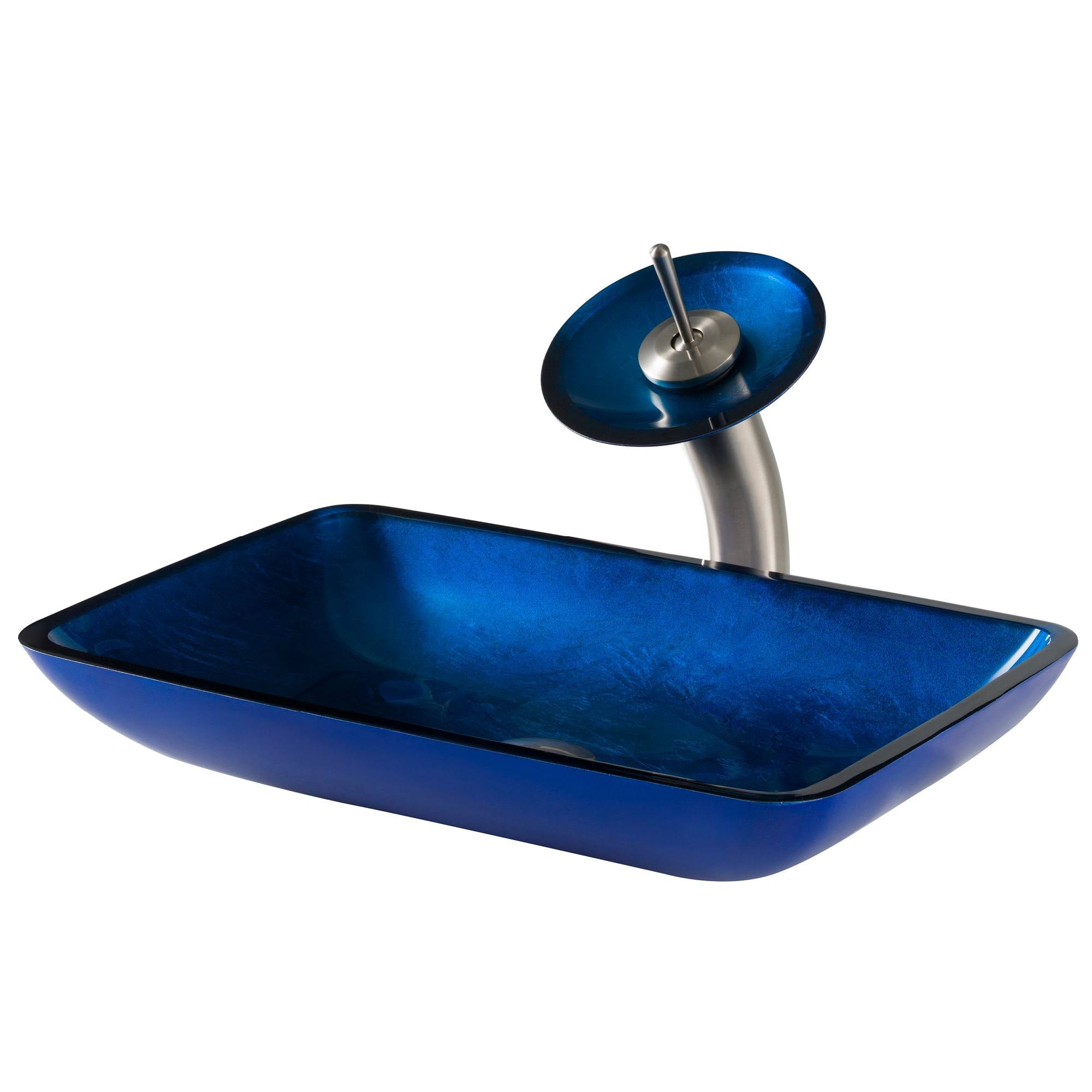 Kraus Irruption Blue Rectangular Glass Vessel Sink and Waterfall Faucet - Satin Nickel