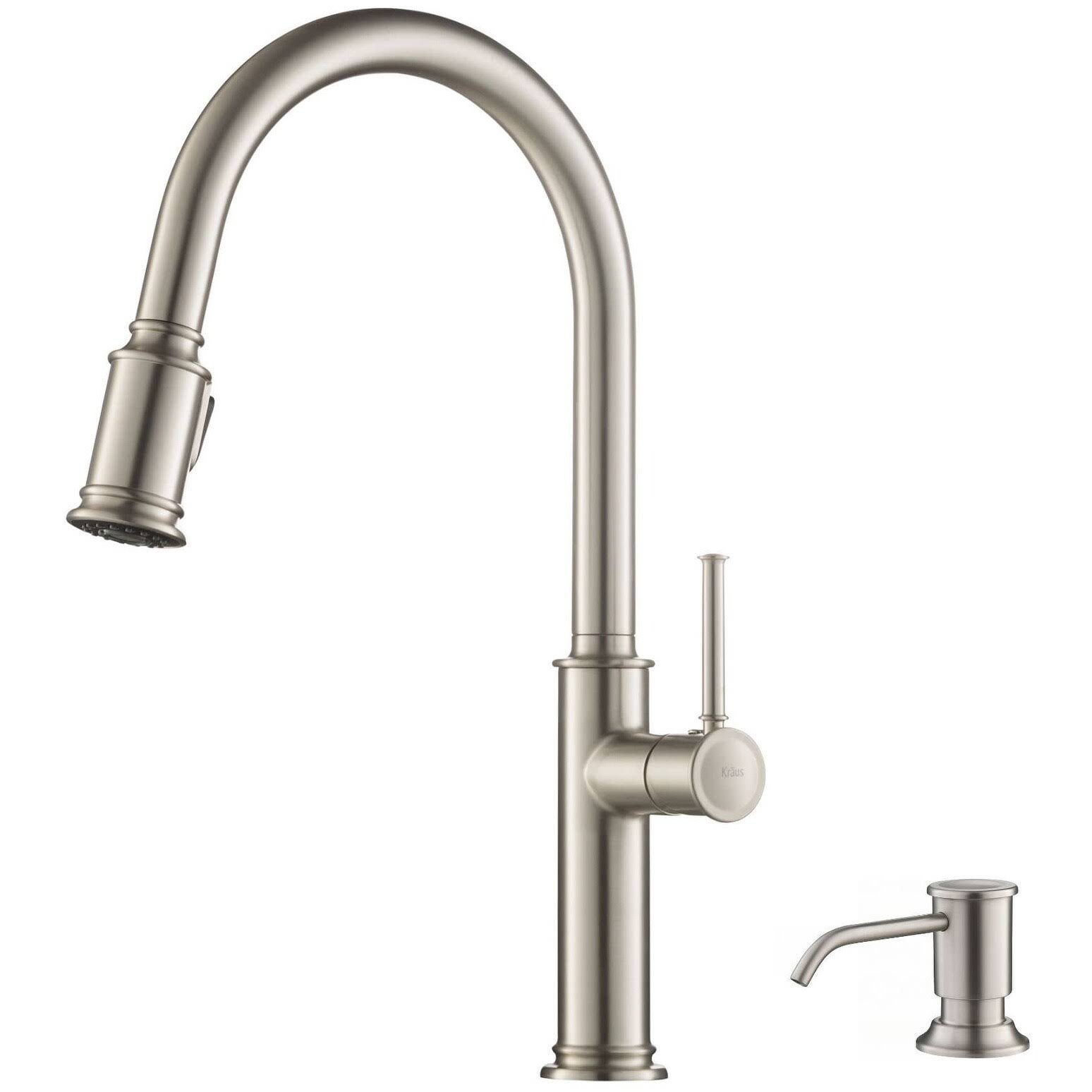 Kraus KPF-1680SFS-KSD-80SFS Sellette Single Handle Pull-Down Kitchen Faucet with Deck Plate and Soap Dispenser, Spot Free Stainl