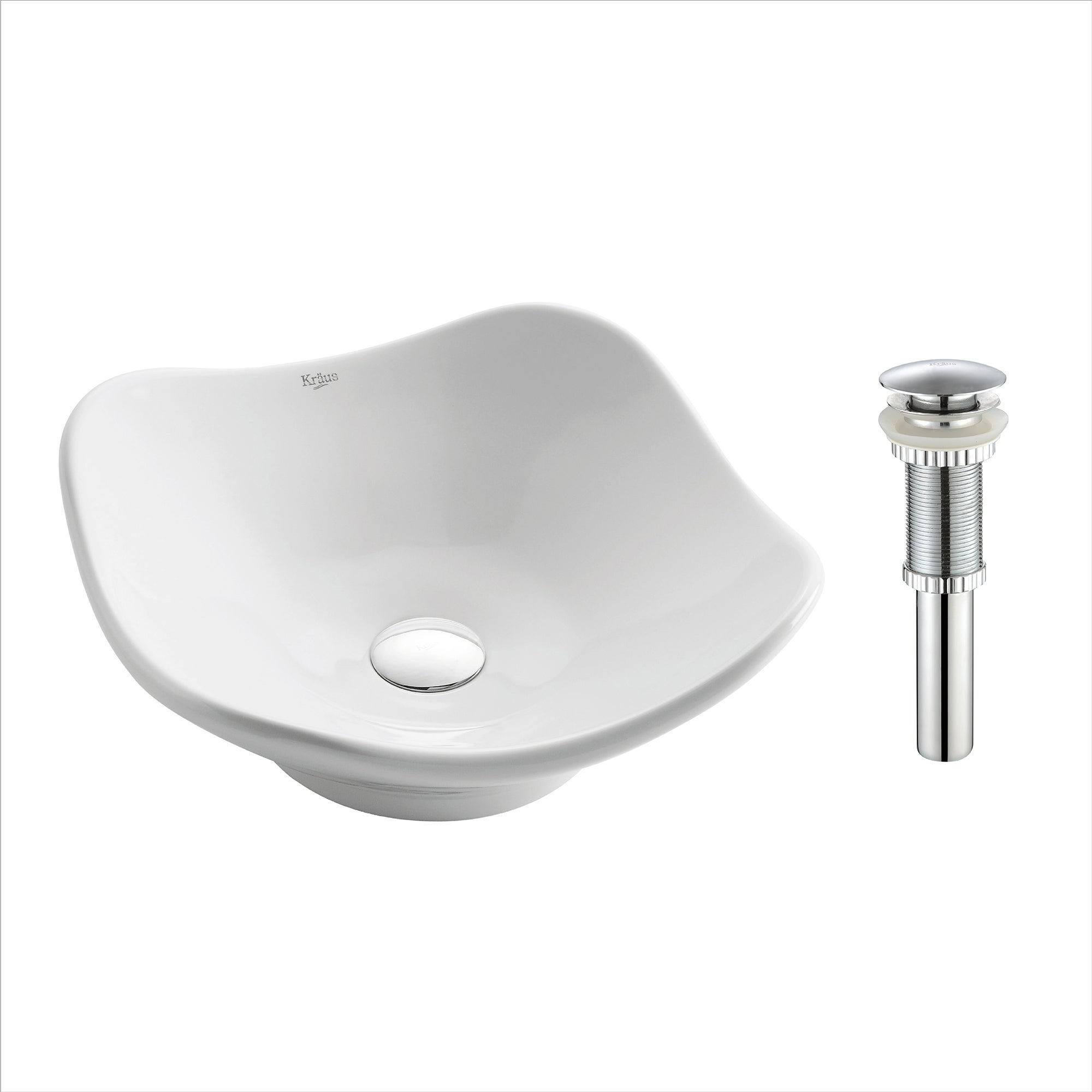 Kraus KCV-135-CH Tulip Ceramic Vessel Bathroom Sink with Pop-Up Drain White - Chrome