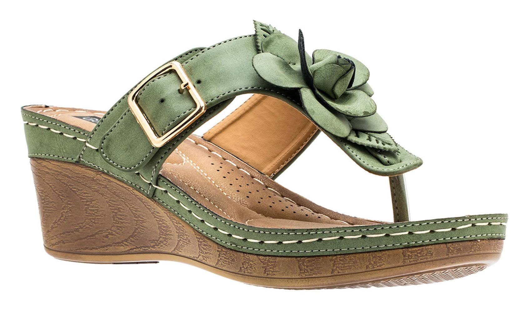 GC Shoes Women&s Flora Wedge Thong Sandal Green 10