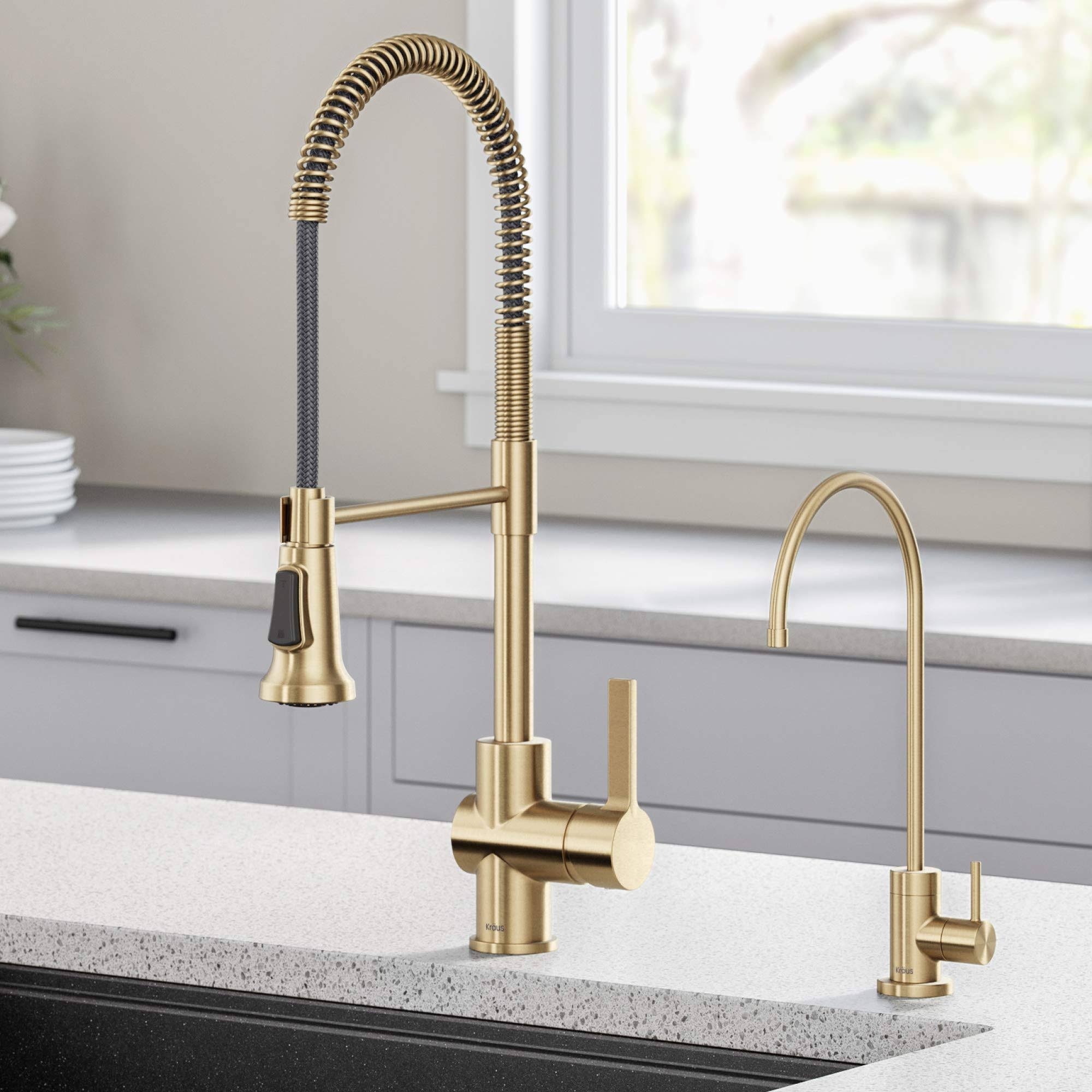 Kraus KPF-1690-FF-100BG Britt Commercial Style Kitchen Faucet and Purita Water Filter Faucet Combo in Brushed Gold