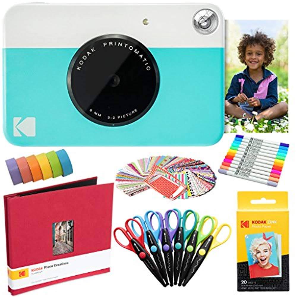 Kodak Printomatic Instant Camera (Blue) Art Bundle + Zink Paper (20 Sheets) + 8x8 Cloth Scrapbook + 12 Twin Tip Markers + 100 Bo