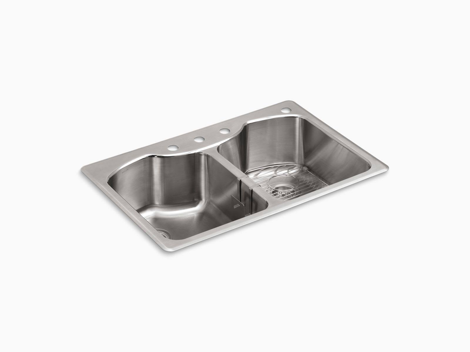 Kohler K-3842-4-NA Octave 33 in x 22 in x 9-5/16 in Top Mount Double Equal Kitchen Sink with Four Faucet Holes - Stainless Steel