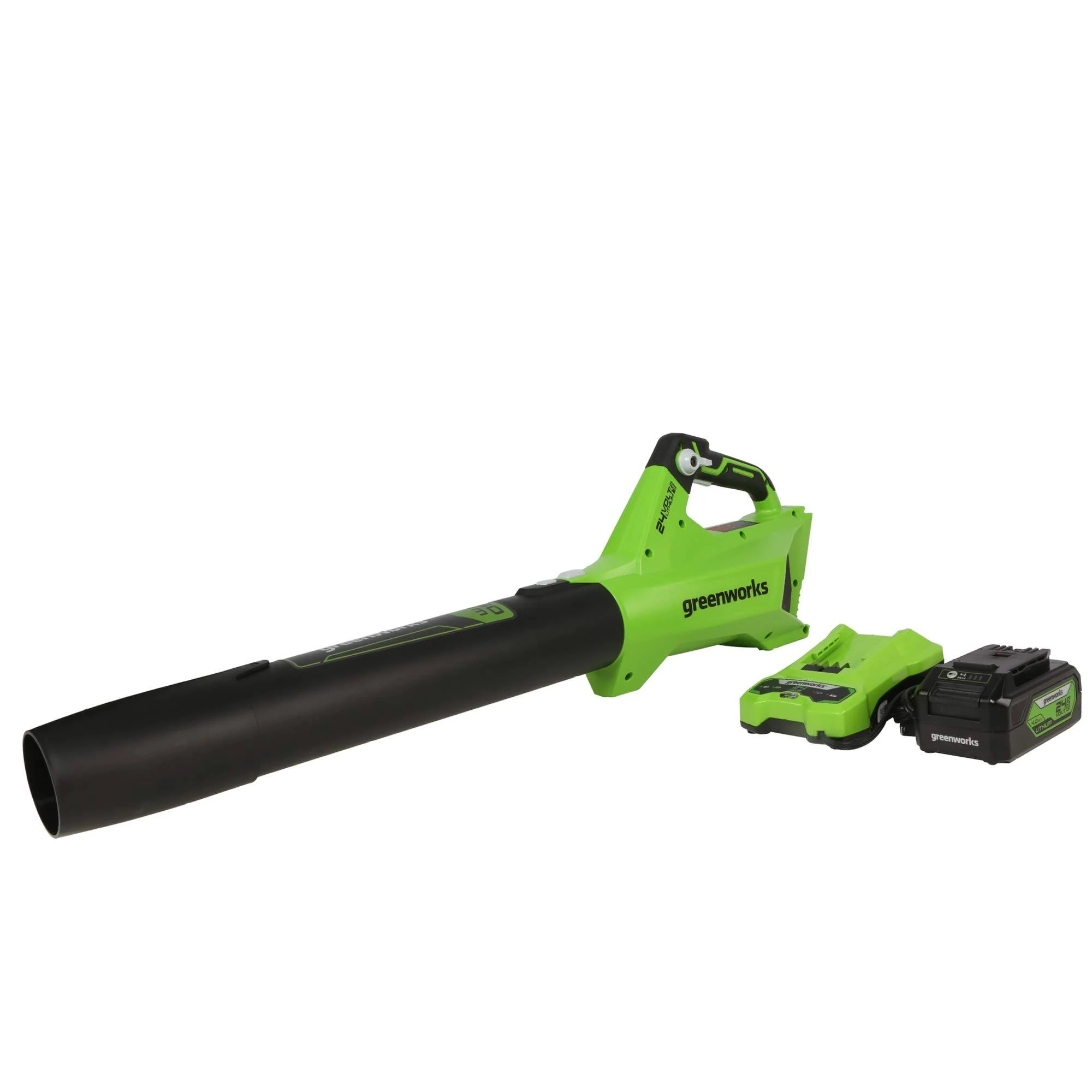 Greenworks - 24-Volt 110 MPH 450 CFM Cordless Blower (4.0Ah Battery u0026 Charger Included) - Black/Green BL24L410