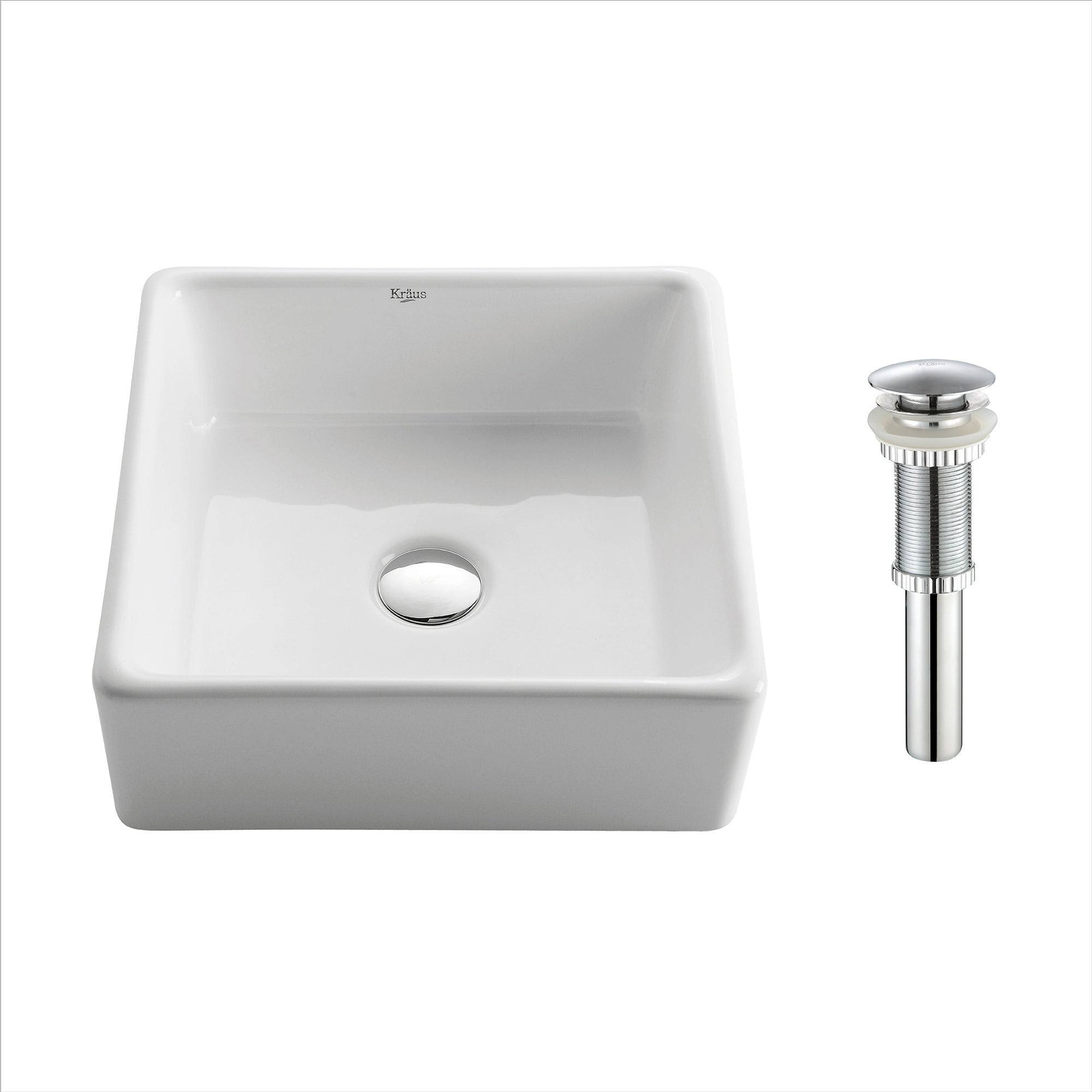 Kraus KCV-120-CH Square Ceramic Vessel Bathroom Sink with Pop-Up Drain White - Chrome