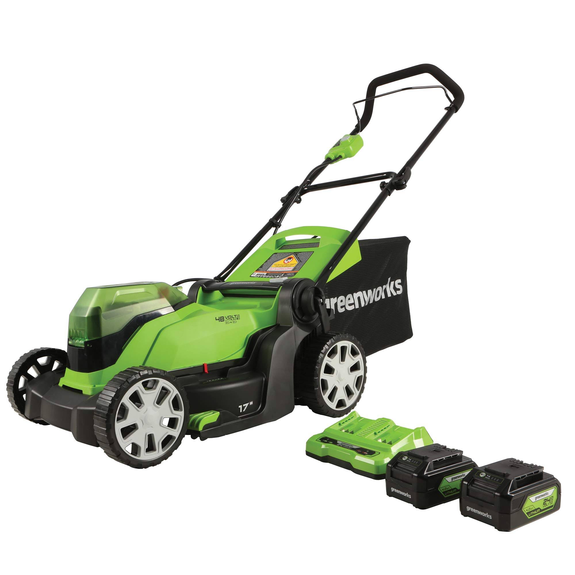 Greenworks 48V 17 in. Lawn Mower, 2 x 4Ah Batteries and Dual Port Charger Included, 2526302AZ