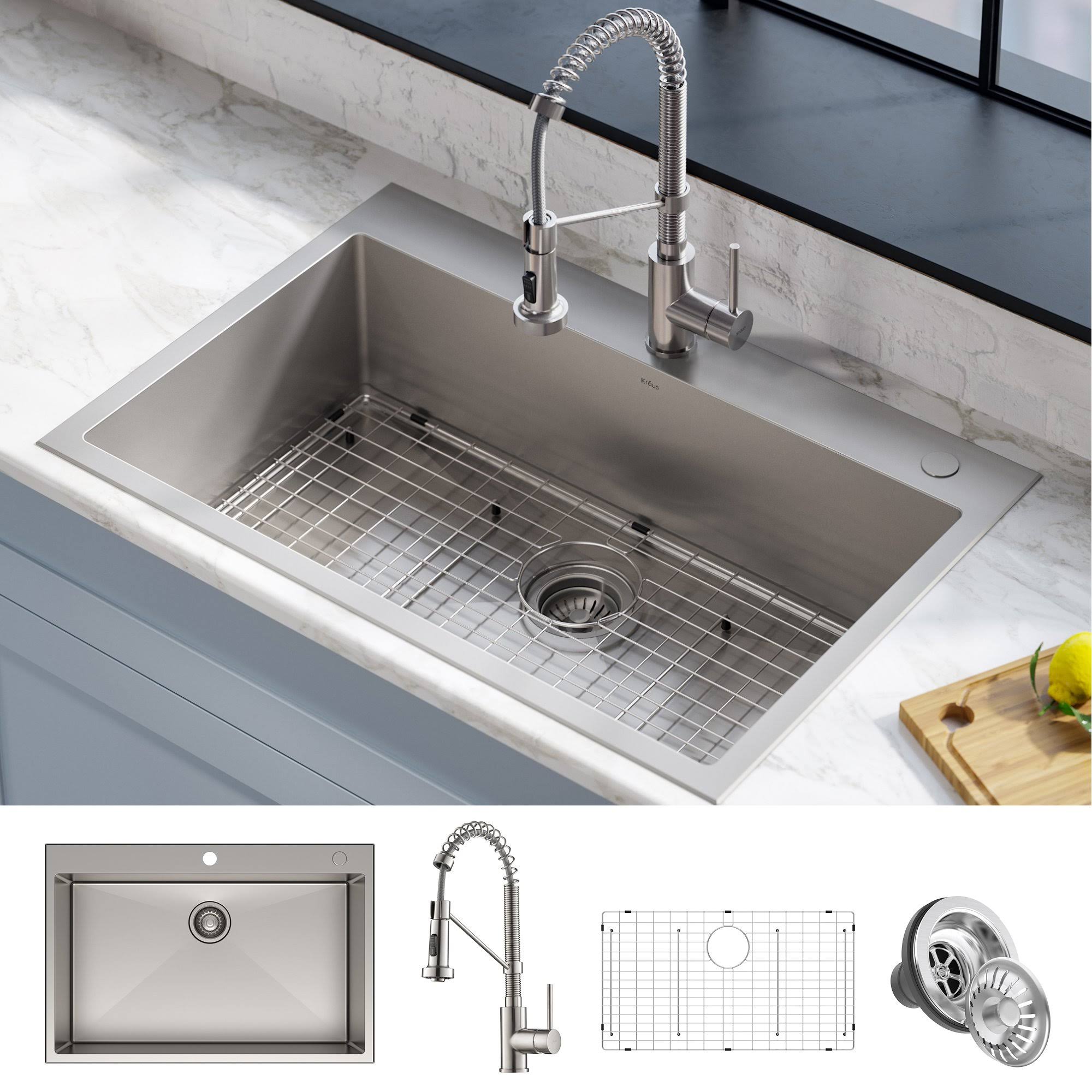 Kraus KCA-1102 Stark 33-inch Dual Mount Kitchen Sink and Pull-Down Commercial Kitchen Faucet Combo in Stainless Steel