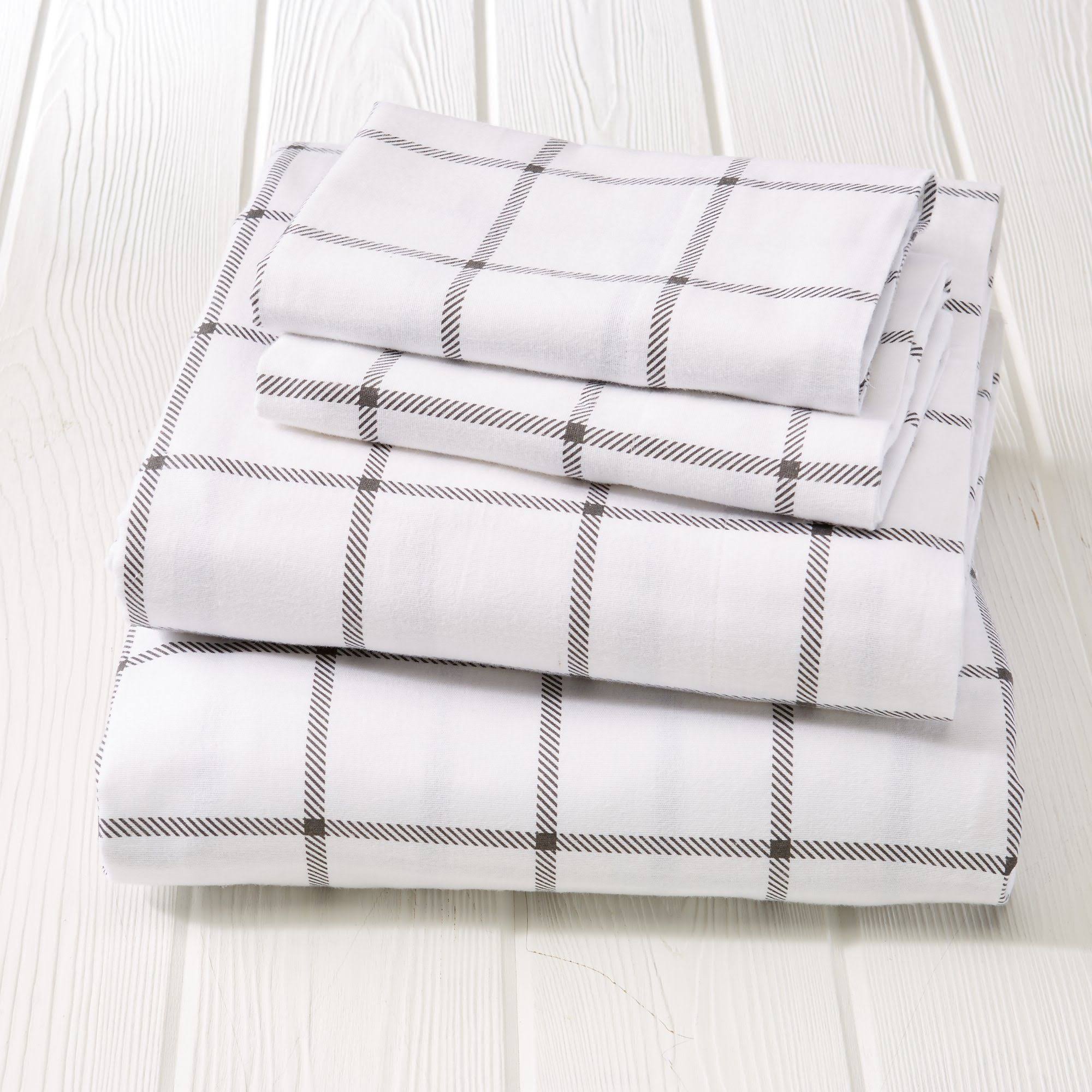 Great Bay Home 100% Cotton Flannel Windowpane Sheet Set Twin XL White / Grey