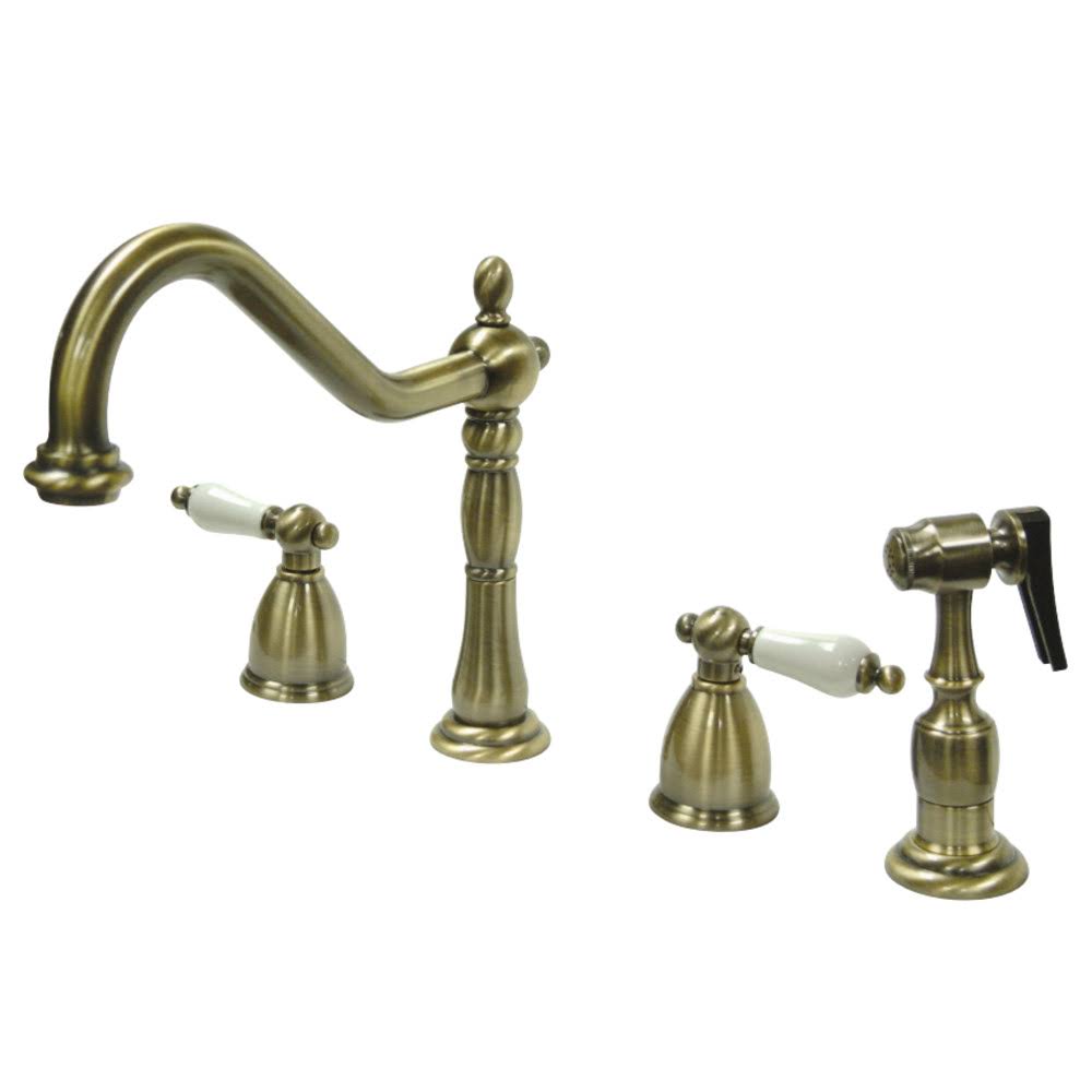 Kingston Brass KB1793PLBS Heritage Widespread Kitchen Faucet with Brass Sprayer, Vintage Brass