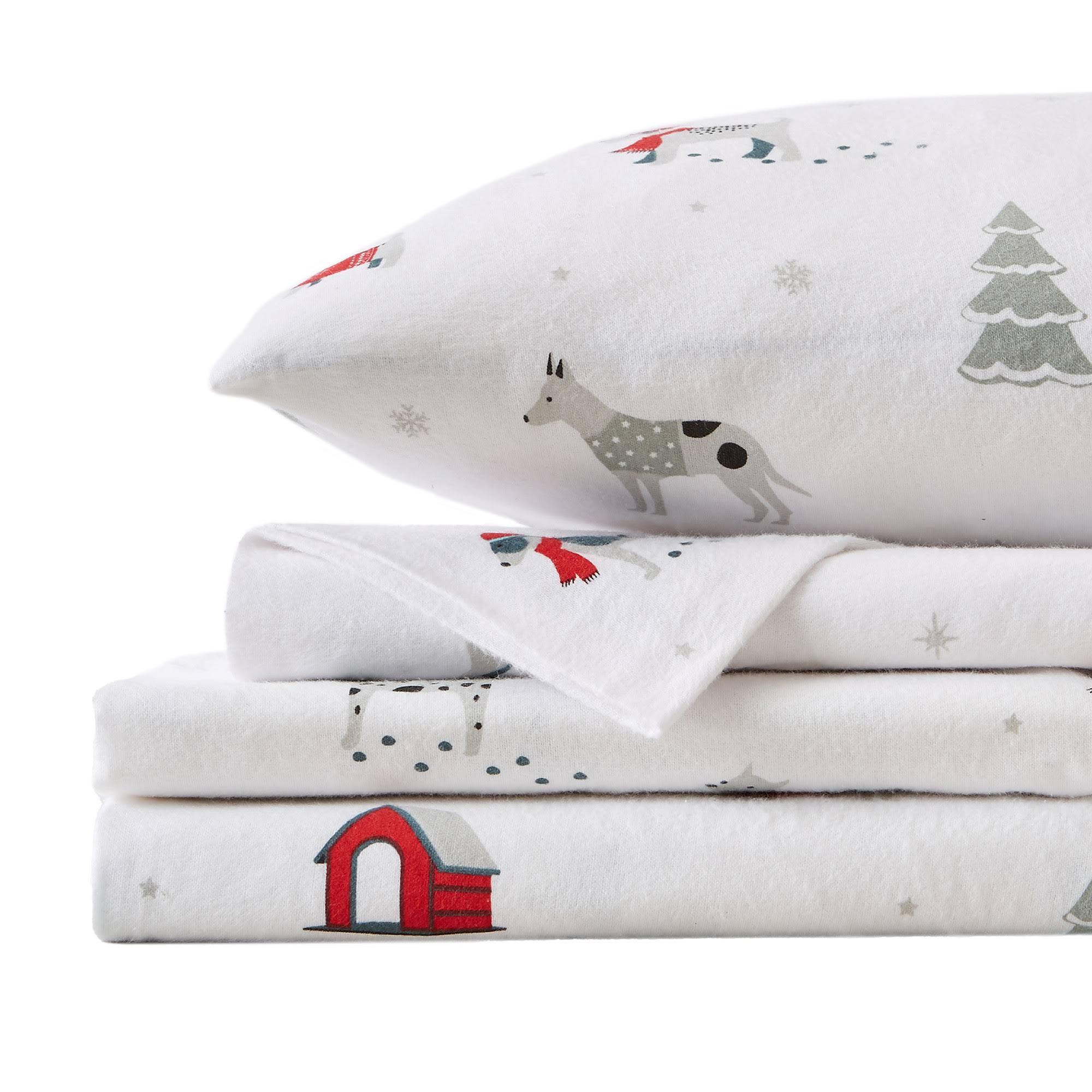 Great Bay Home 100% Cotton Flannel Holiday Printed Sheet Set Twin Extra Long Pups in The Snow
