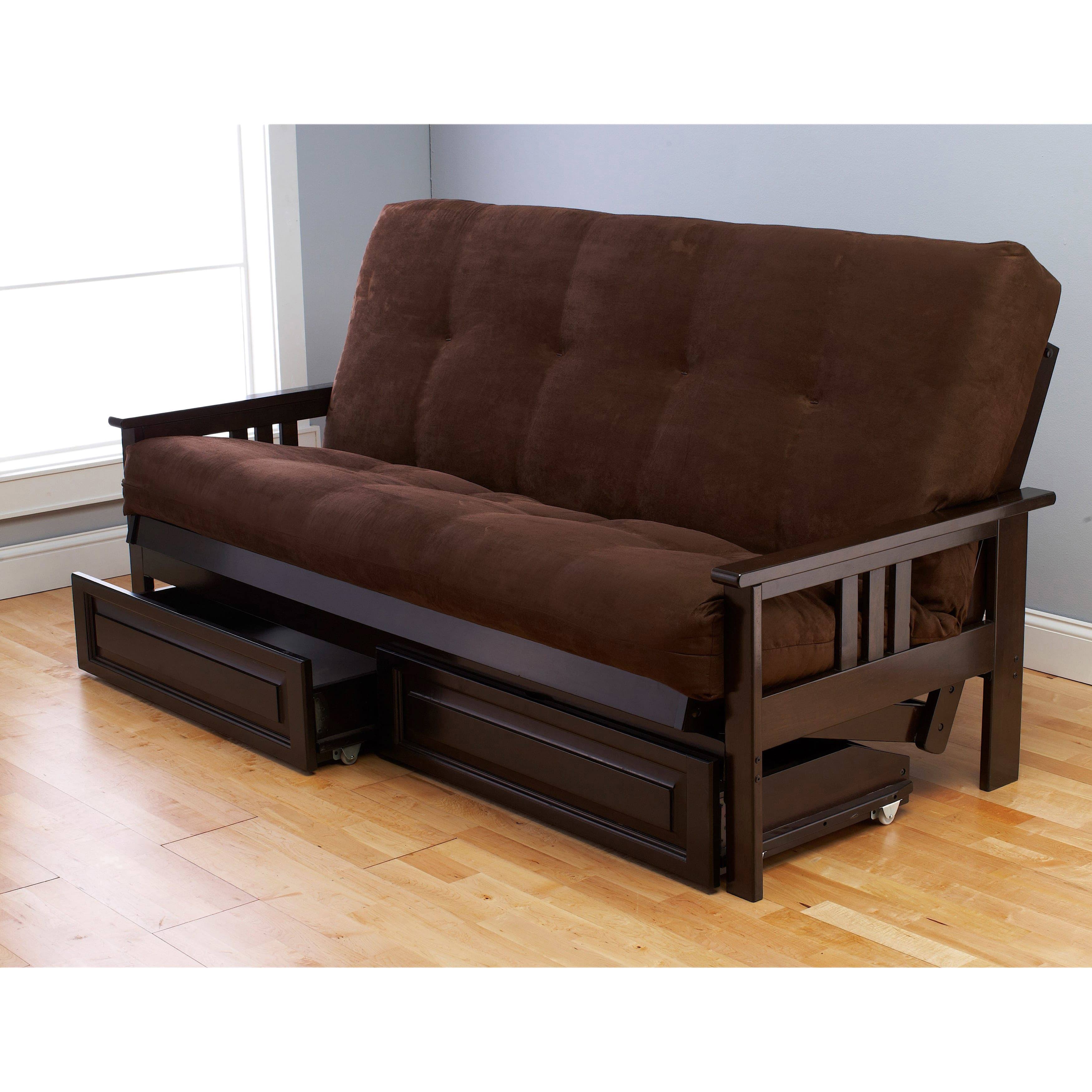 Kodiak Monterey Espresso Full Futon Frame with Suede Chocolate Mattress and Storage Drawers