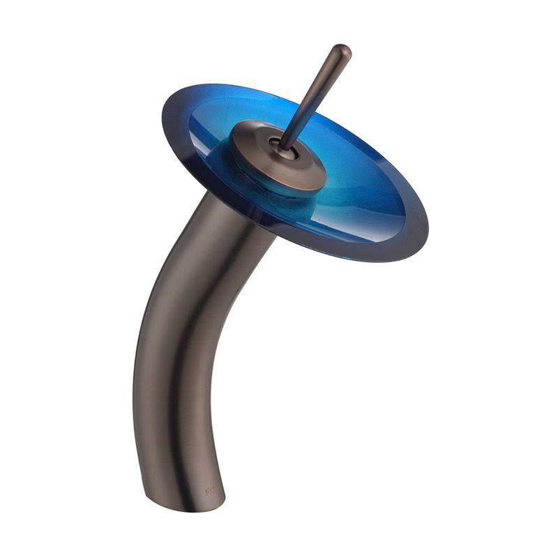 Kraus C-GV-204-12mm-10ORB Irruption Blue Glass Vessel Sink and Waterfall Faucet Oil Rubbed Bronze