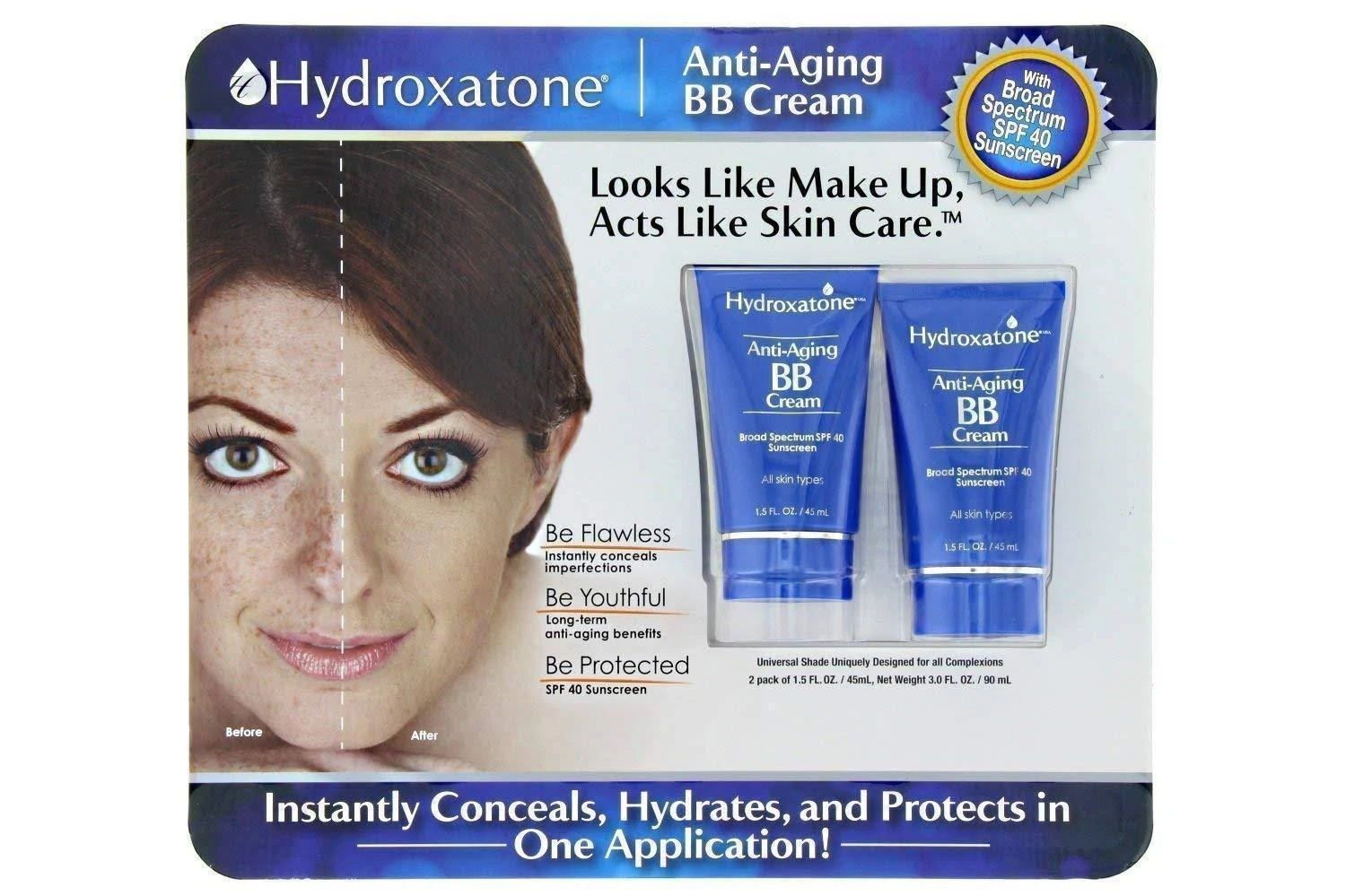 Hydroxatone Anti-Aging BB Cream, SPF 40 - 2 pack, 1.5 oz tubes