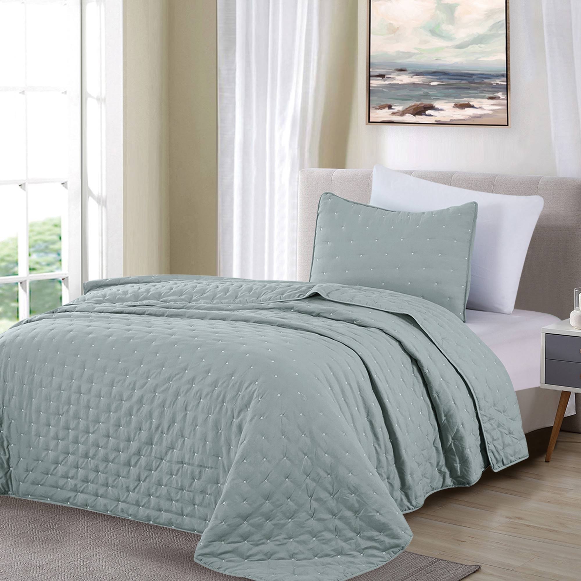 Great Bay Home Athena Collection Dot Stitch Quilt Set Twin Blue