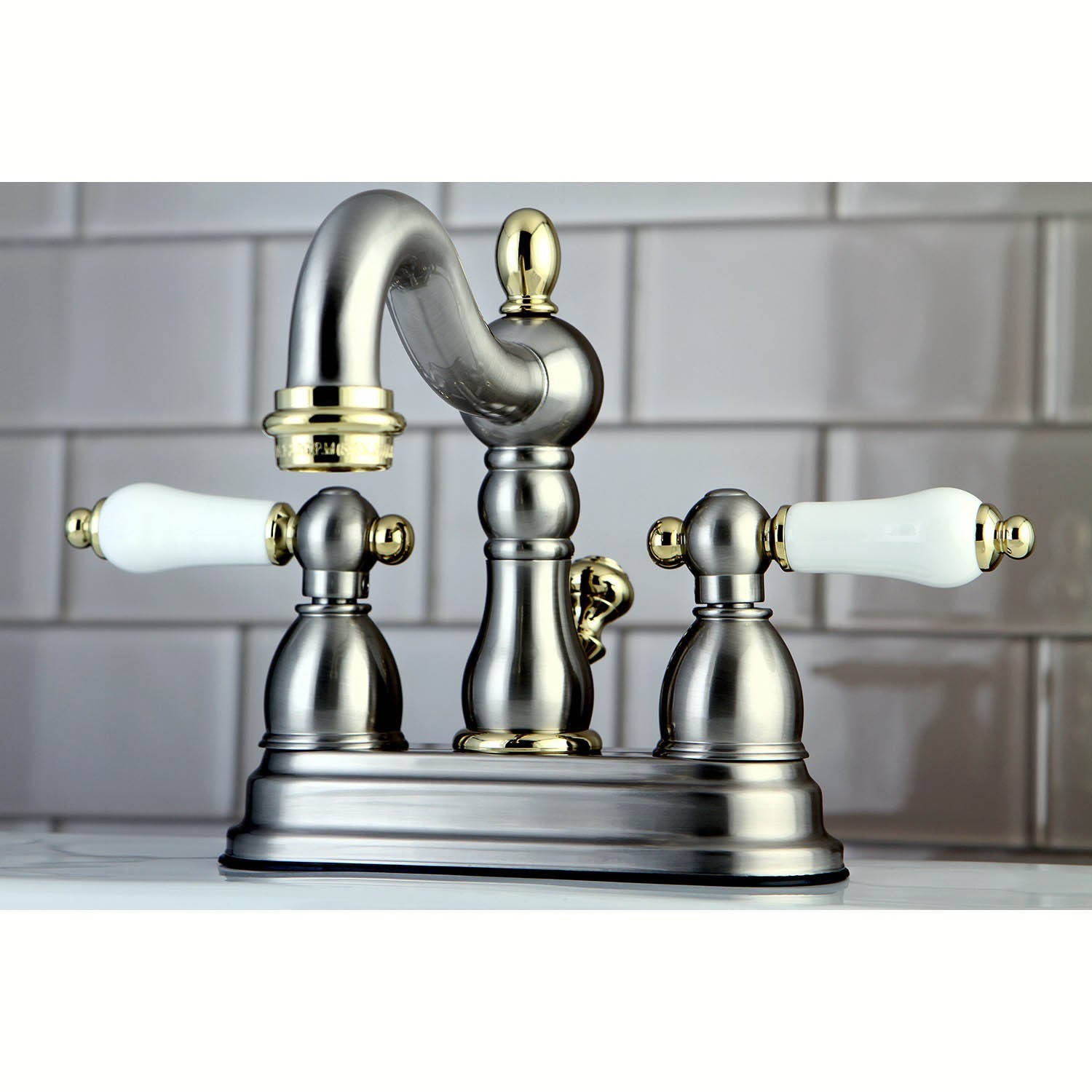 Kingston Brass Victorian High Spout Satin Nickel/ Polished Brass Bathroom Faucet, Size: Porcelain Lever