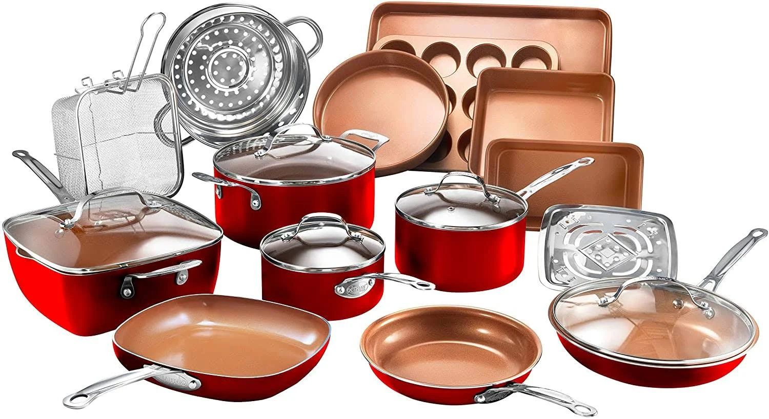 Gotham Steel Cookware + Bakeware Set with Nonstick Durable Ceramic Copper Coating – Includes Skillets , Stock Pots , Deep Square