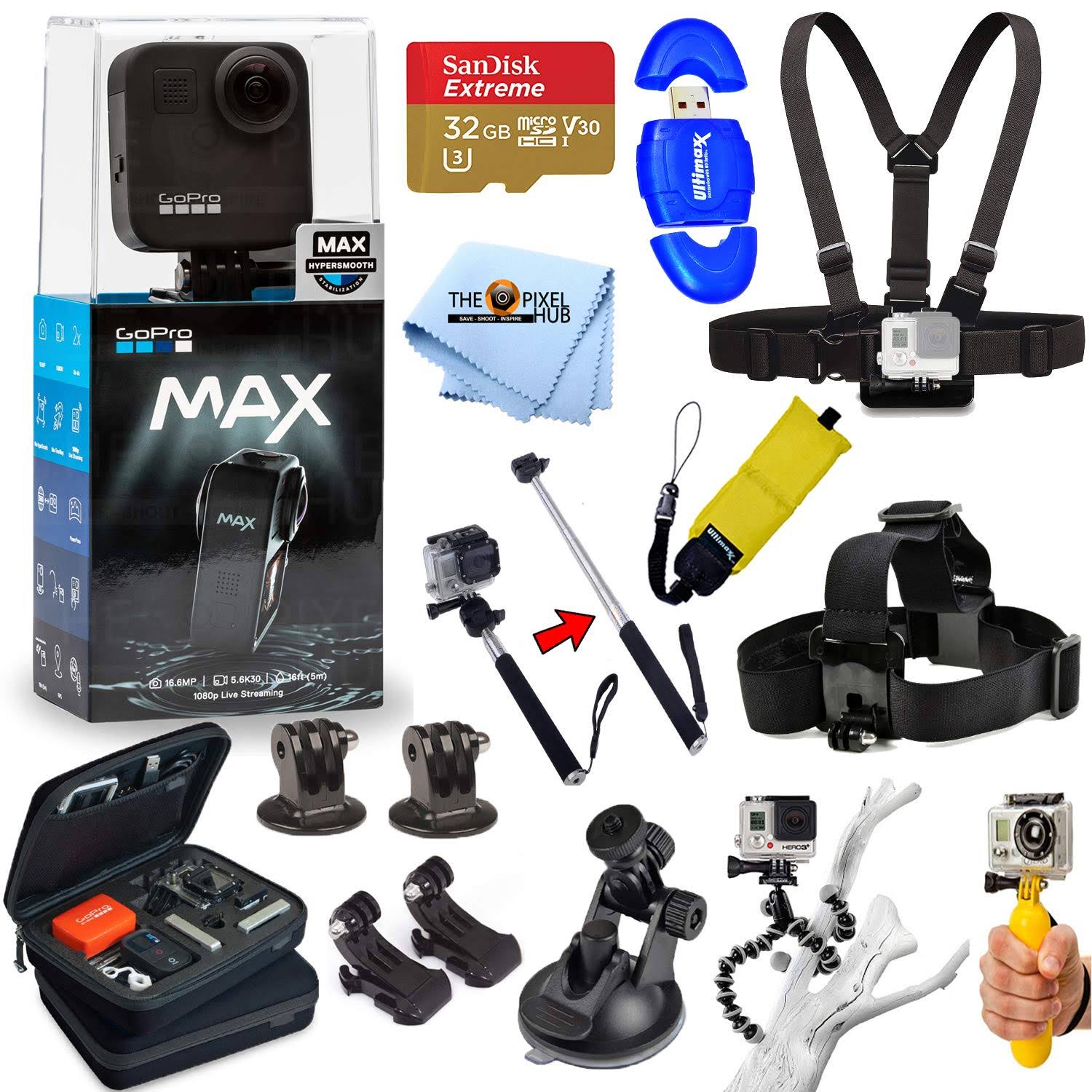 GoPro Max 360 Action Camera All in 1 Pro Accessory Kit with SanDisk 32GB, Chest and Head Strap, Monopod/Selfie Stick, Medium Cas