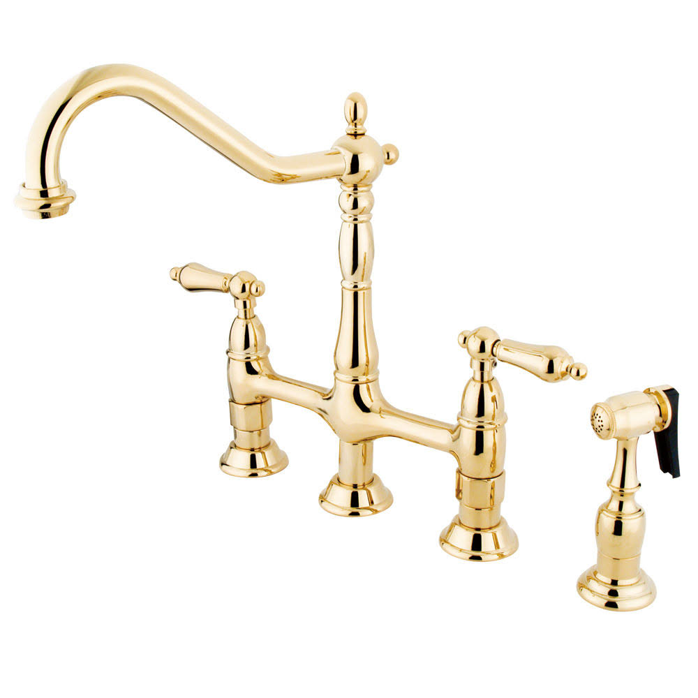 Kingston Brass KS1272ALBS Heritage Bridge Kitchen Faucet with Brass Sprayer, Polished Brass