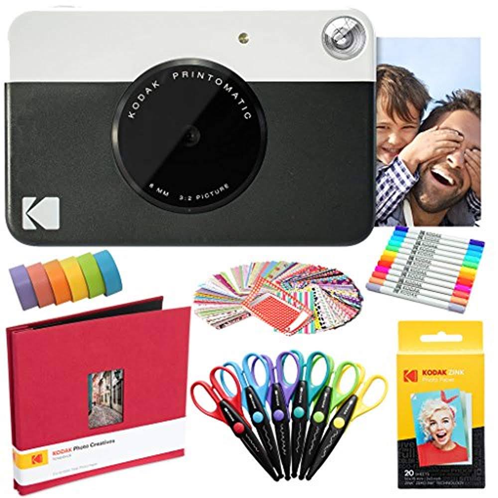 Kodak Printomatic Instant Camera (Black) Zink Paper (20 Sheets) + 8x8 Scrapbook + 12 Markers + 100 Stickers + 6 Scissors + Washi
