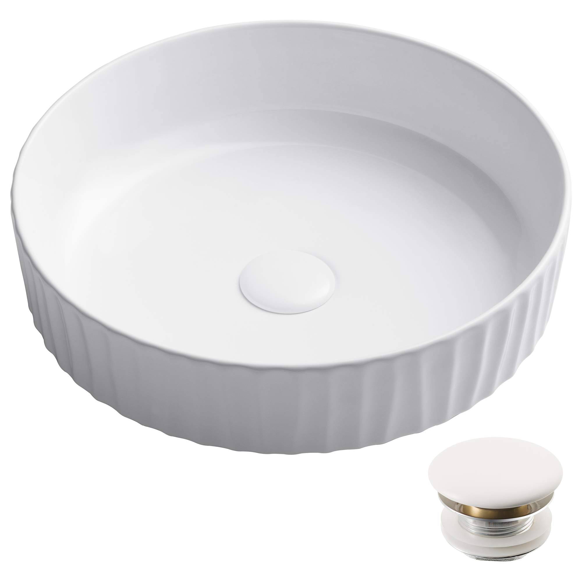 Kraus KCV-201GWH-20 Viva 15 3/4 inch Round Porcelain Ceramic Bathroom Vessel Sink in White with Drain