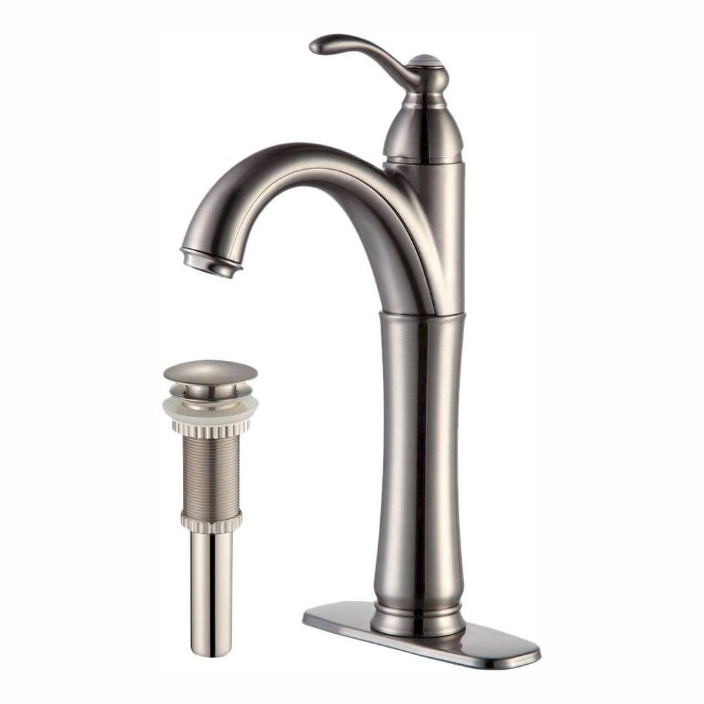 Kraus FVS-1005-PU-10SN Riviera Single Lever Vessel Bathroom Faucet with Matching Pop Up Drain Satin Nickel