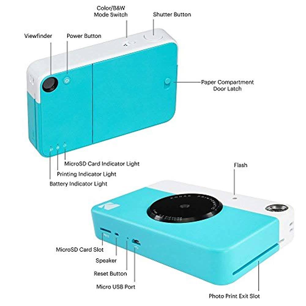 Kodak Printomatic Instant Camera (Blue) Zink Paper (20 Sheets) + Case + Photo Album + 7 Sticker Sets + Markers + Scissors