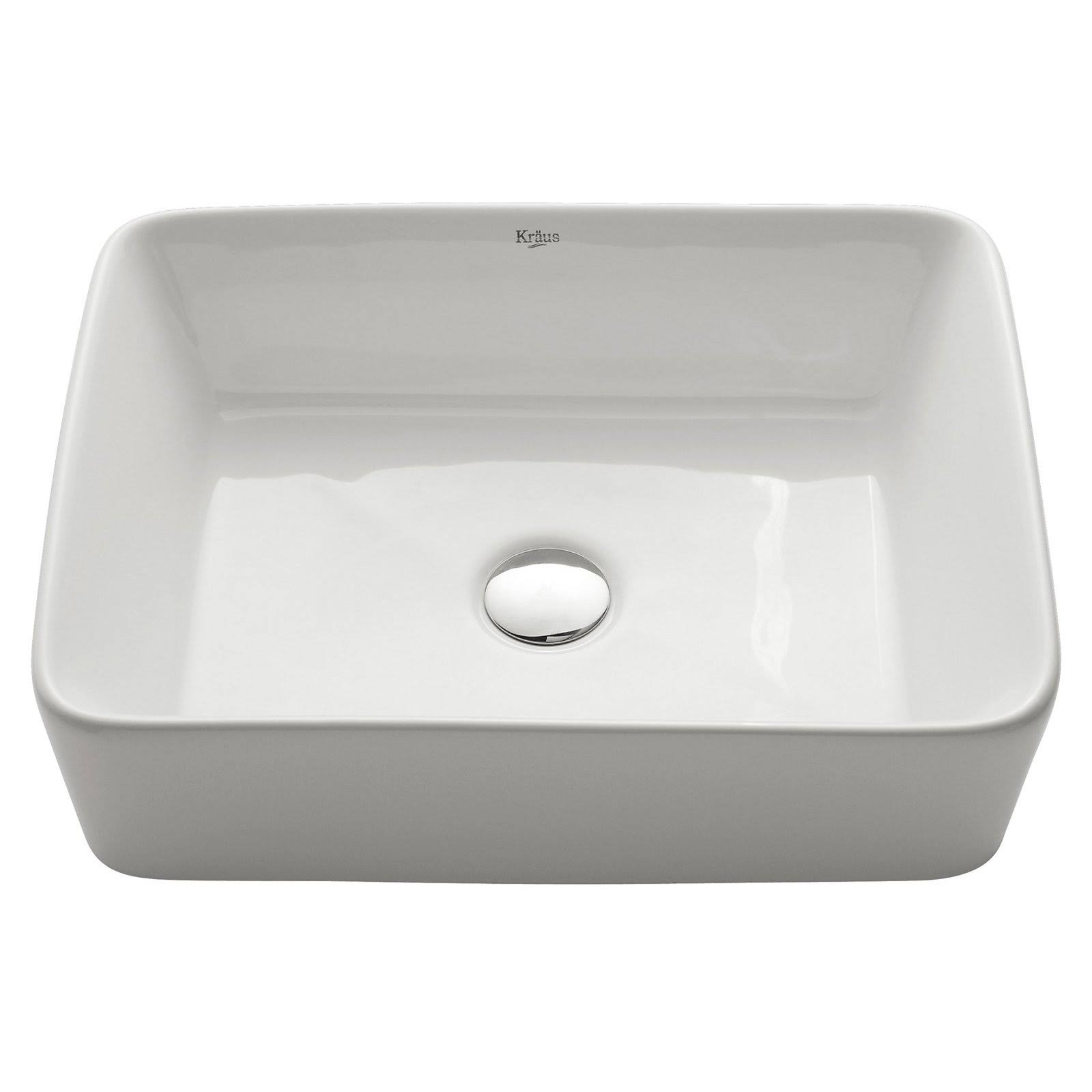 Kraus KCV-121-CH Rectangular Ceramic Vessel Bathroom Sink with Pop-Up Drain White - Chrome