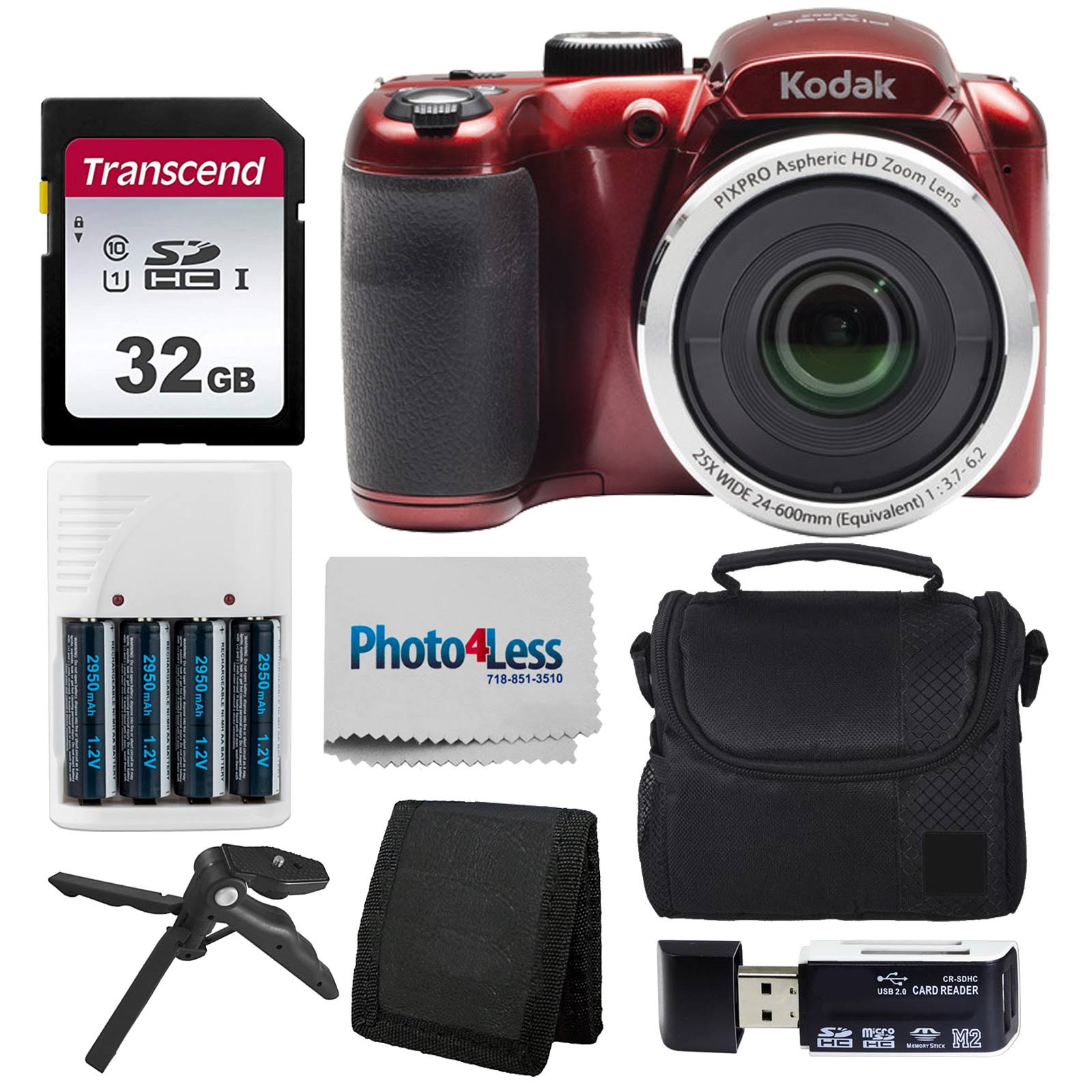 Kodak PIXPRO AZ252 Digital Camera (Red) Bundle + 32GB Memory Card + Accessories