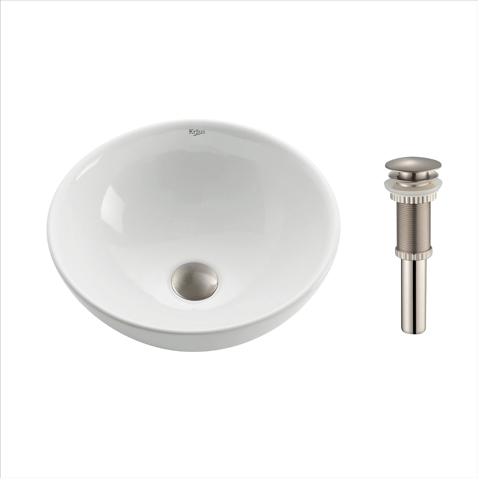 Kraus KCV-141-SN Soft Round Ceramic Vessel Bathroom Sink with Pop-Up Drain White - Satin Nickel