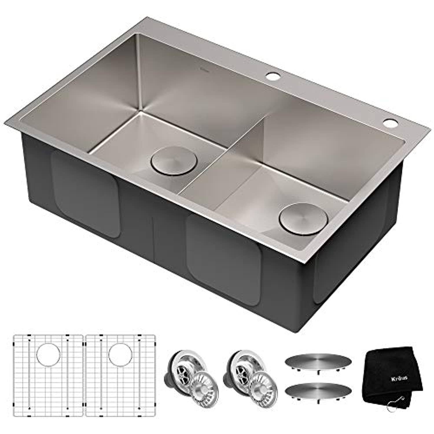 Kraus KHT302-33 Standart Pro 33 x 22x22 Drop-in Topmount 16 Gauge Double Bowl 2-Hole Stainless Steel Kitchen Sink