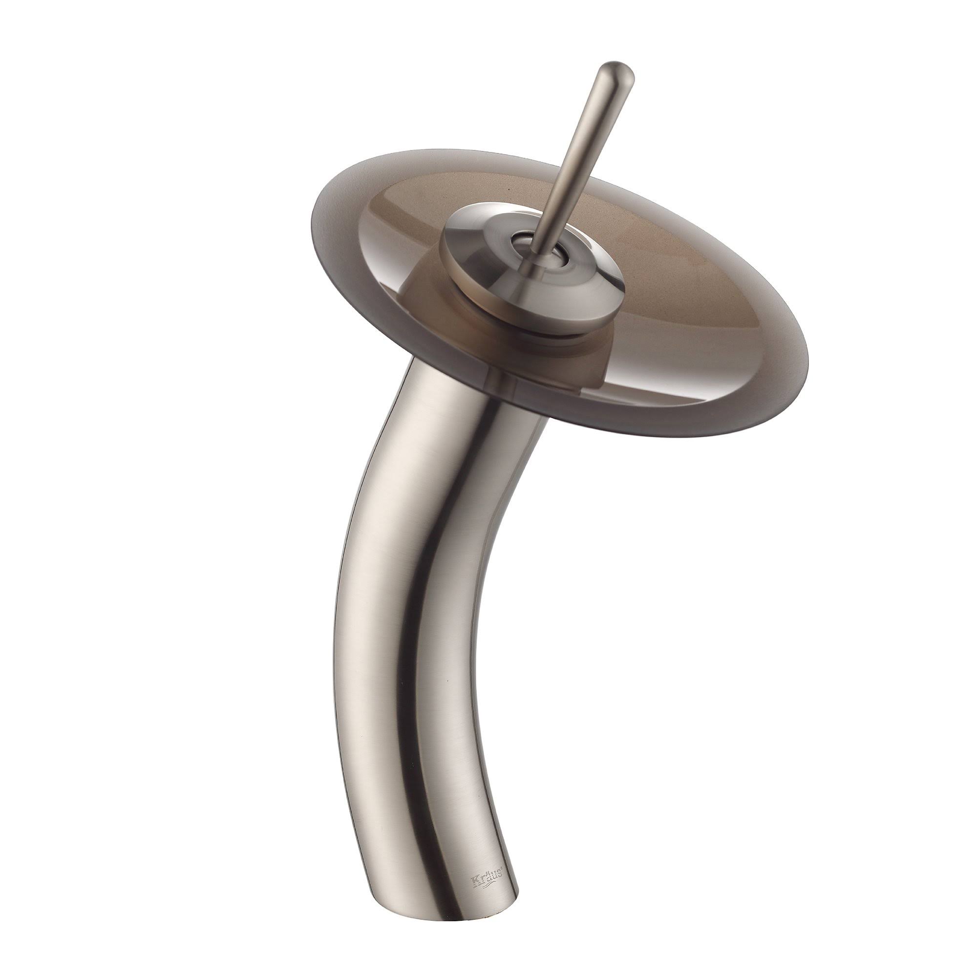 Kraus KGW-1700SN-BRFR Universal Satin Nickel Single Lever Vessel Waterfall Faucet with Brown Frosted Glass