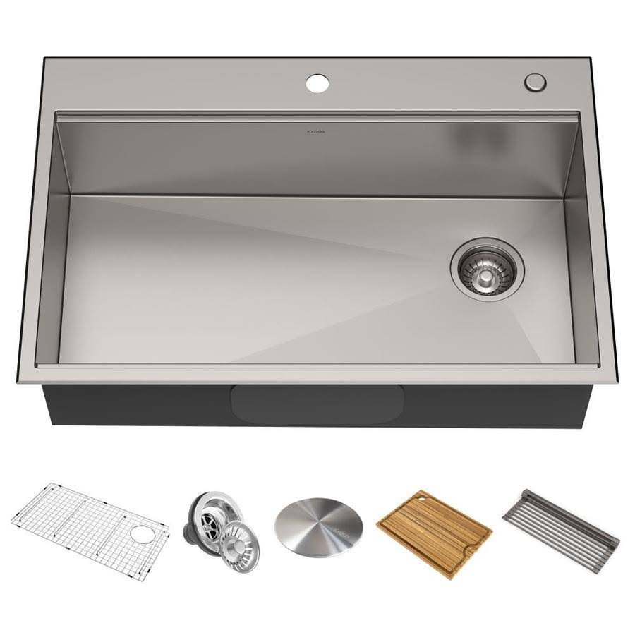 Kraus KWT310-33 Kore Workstation 33-inch Drop-In or Undermount 16 Gauge Single Bowl Kitchen Sink with Accessories (Pack of 5) in