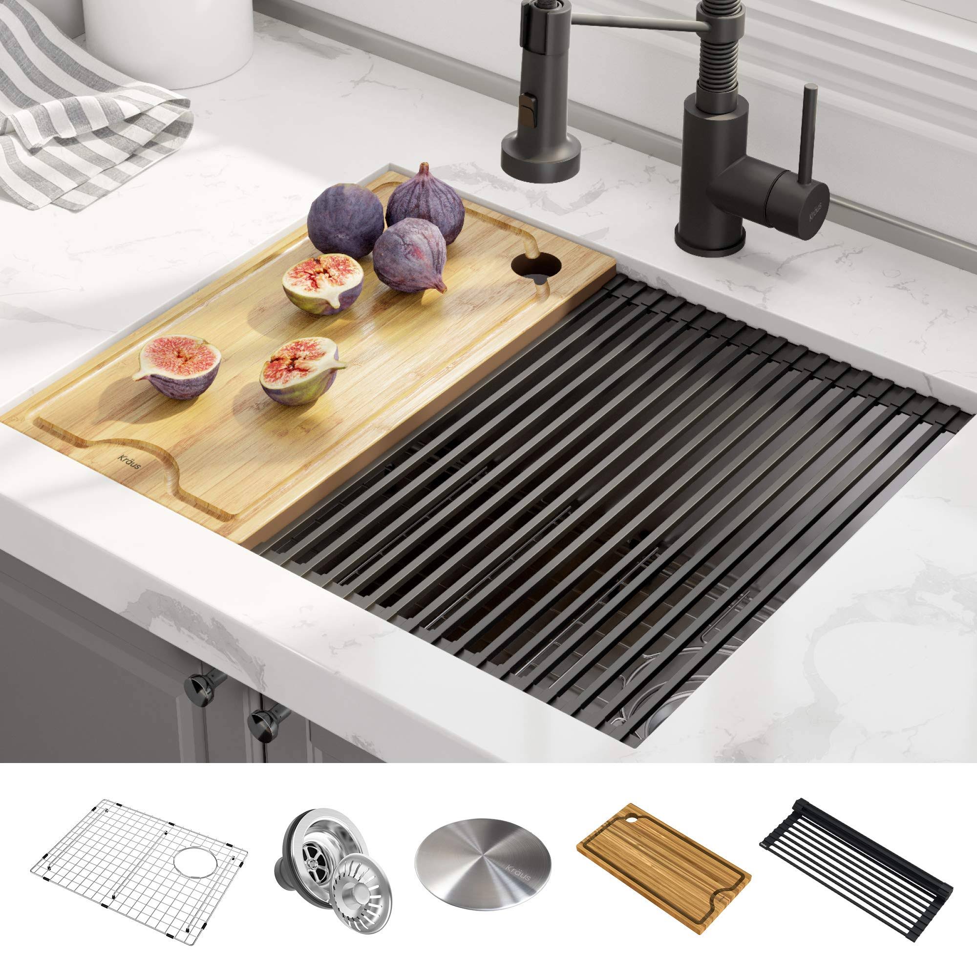 Kraus Kore Workstation 23 inch Undermount 16 Gauge Single Bowl Kitchen Sink with Accessories - Stainless Steel KWU111-23